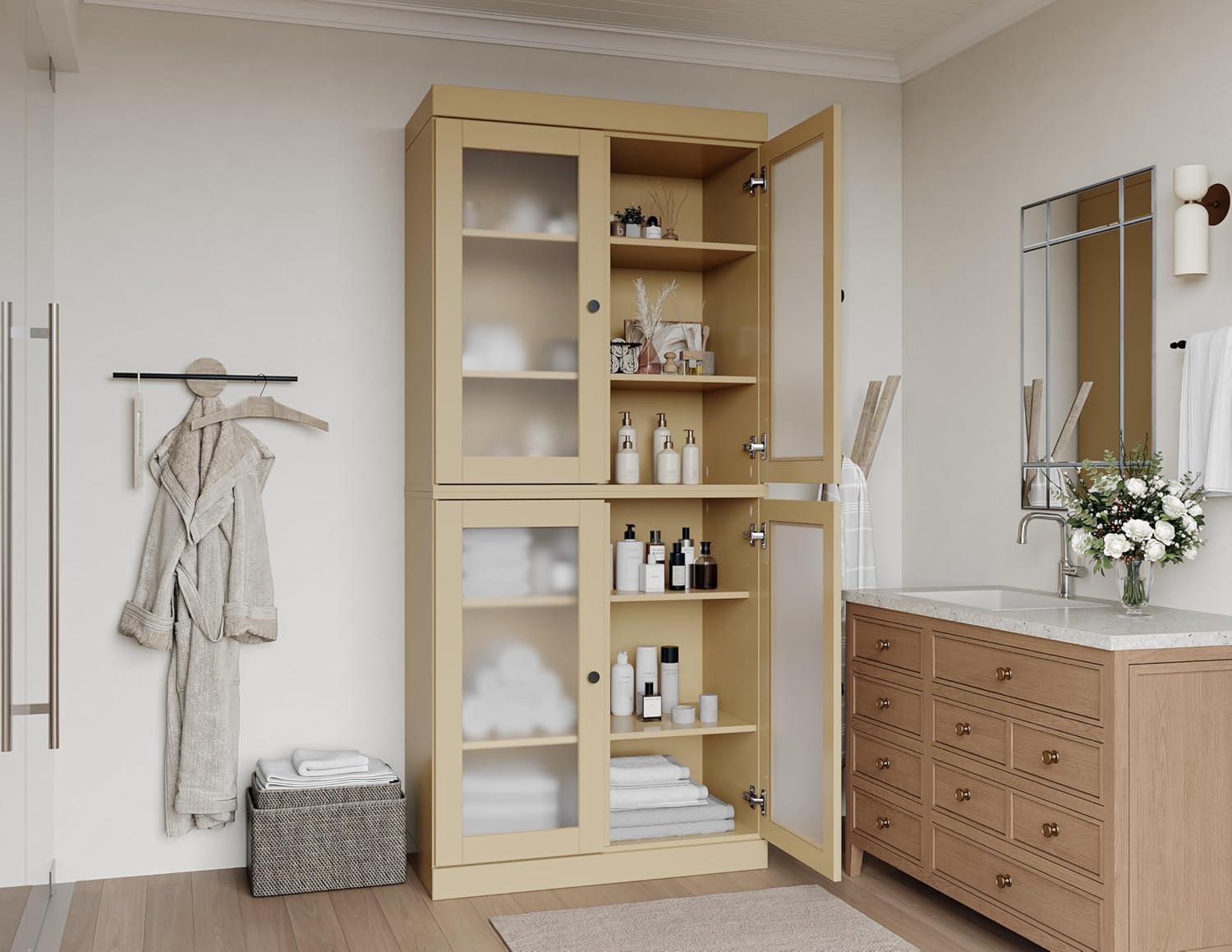 Palace Imports 100% Solid Wood 32"" Bathroom Storage Cabinet with Frosted Glass Doors & Adjustable Shelves