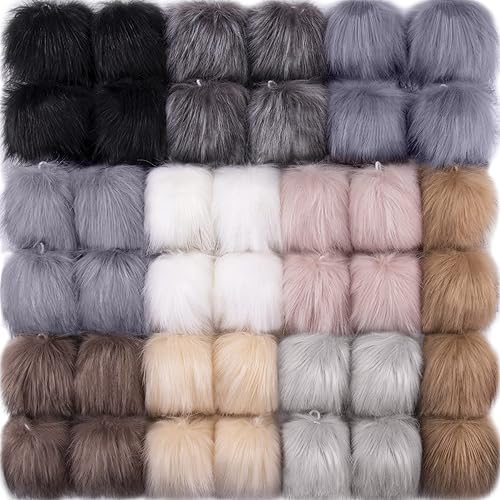 Miniatura 9 de SIQUK 40 Pcs Faux Fur Fluffy Pom Pom with Elastic Loop for Hats, Scarves, Gloves, Bags - 20 Bright Colors (2 Pcs Each)