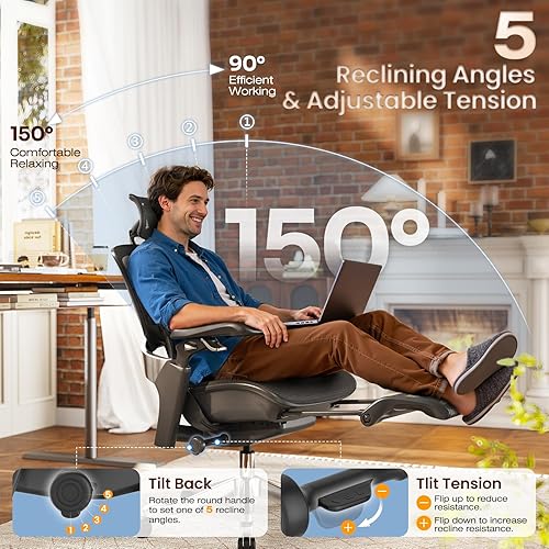 Miniatura 5 de GABRYLLY Silla de oficina ergonómica, silla de escritorio con respaldo alto con reposacabezas, brazos abatibles, bloqueo de inclinación de 90-120 y