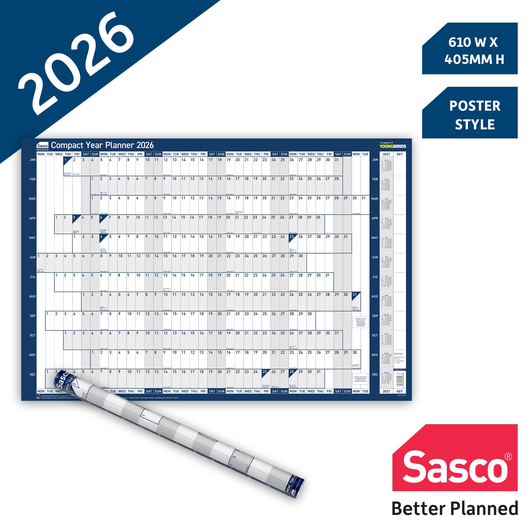 Sasco 2026 Compact Wall Planner – Landscape Year Calendar with Wet Wipe Pen & Stickers, 61x40.5cm, Blue – 2026 Calendar UK & ROI Holidays Marked – Space-Saving for Home or Small Offices
