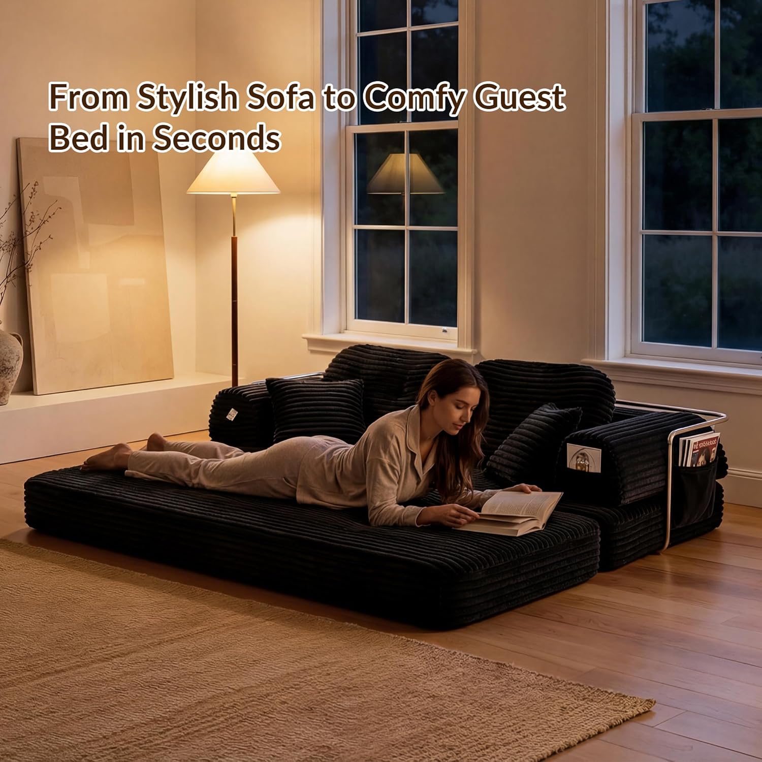 Floor Sofa Bed, Corduroy Modular Couch for Small Apartment & Compact Space, Convertible Futon Sofa with Large Ergonomic Back Cushions, No Assembly Modern Loveseat (Graphite, 82'')