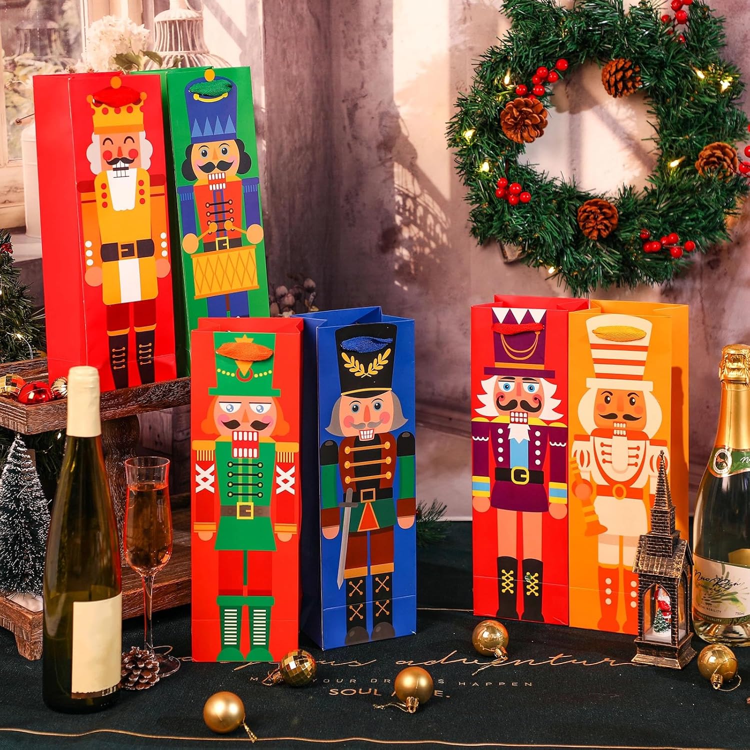 TaoBary 12 Pcs Christmas Wine Bags Christmas Wine Bottle Gift Bags with Handles Paper Gift Bag for Xmas Party Favors Holiday Festival Table Centerpieces Decors(Classic Nutcracker) - Image 2