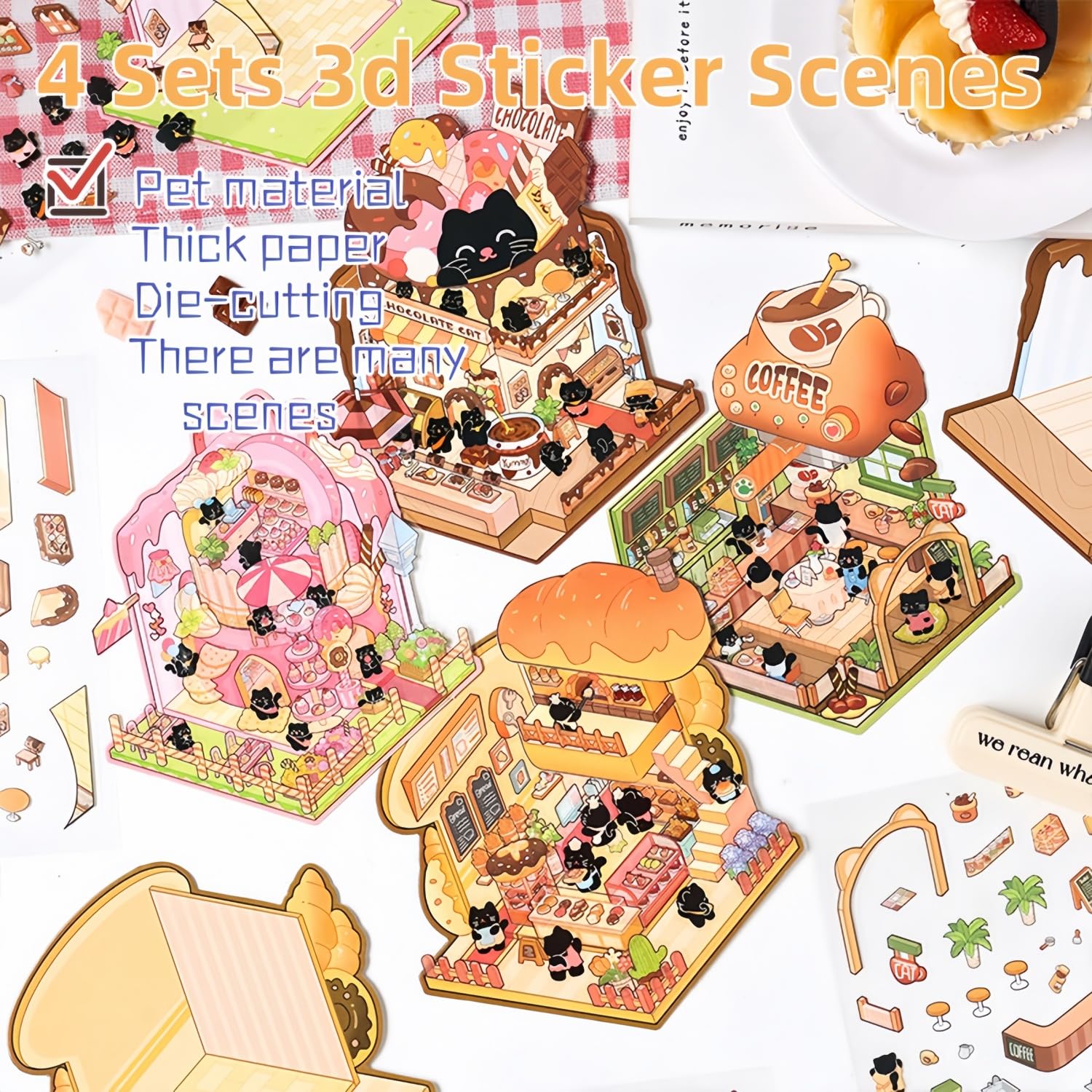 Reusable Vinyl Stickers DIY 3D House Stickers - 4 Sets Mini Scene ...