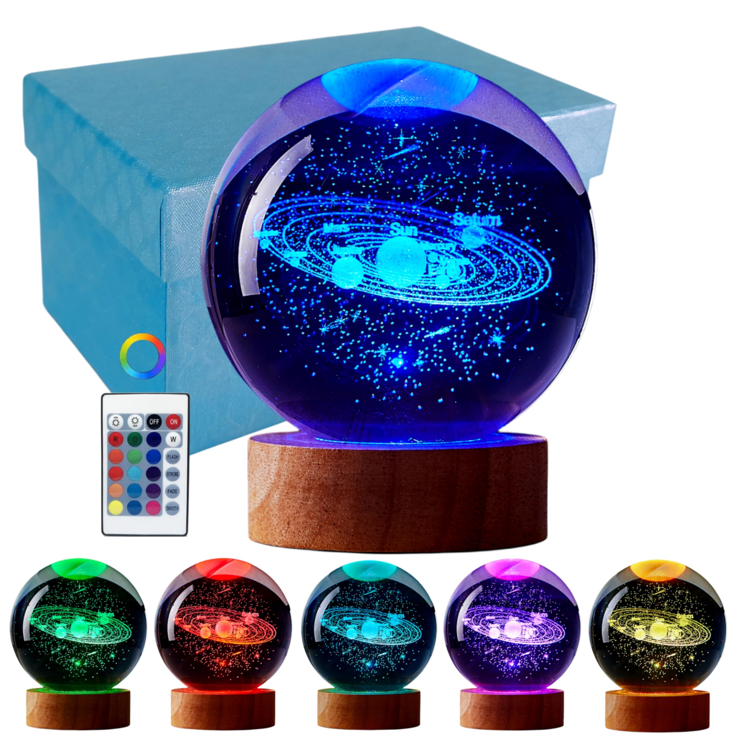 3D Solar System Crystal Ball Lamp, Upgraded 3.15 Inch Galaxy Crystal Ball Night Light with 16 Colors LED Wooden Base, Remote Control, Gift Box Packaging, Home Decor Gift for Friends (Solar System)