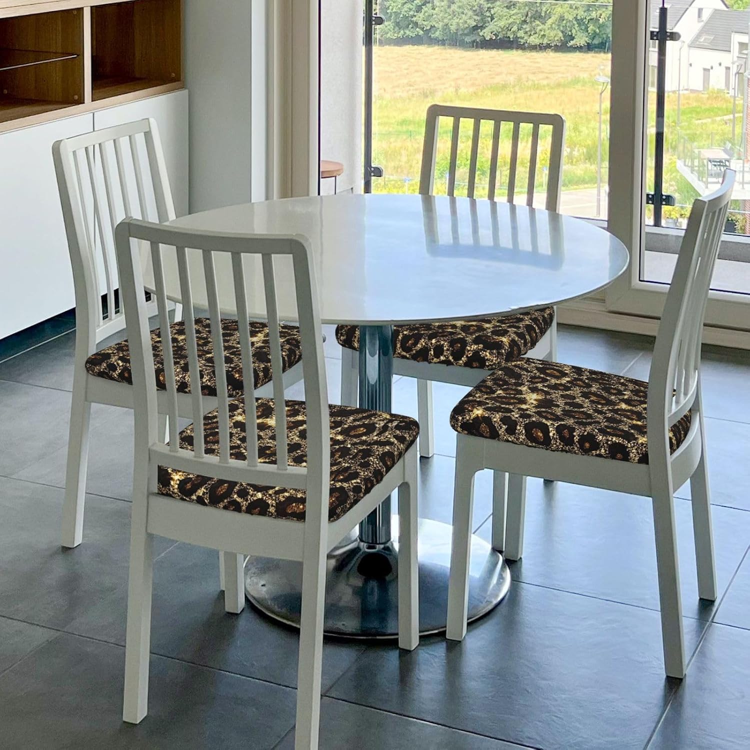 Seat Covers for Dining Room Shining Leopard Print Chair Seat Slipcovers Kitchen Chair Covers Removable Washable Stretch Dining Chair Covers 4 Pcs