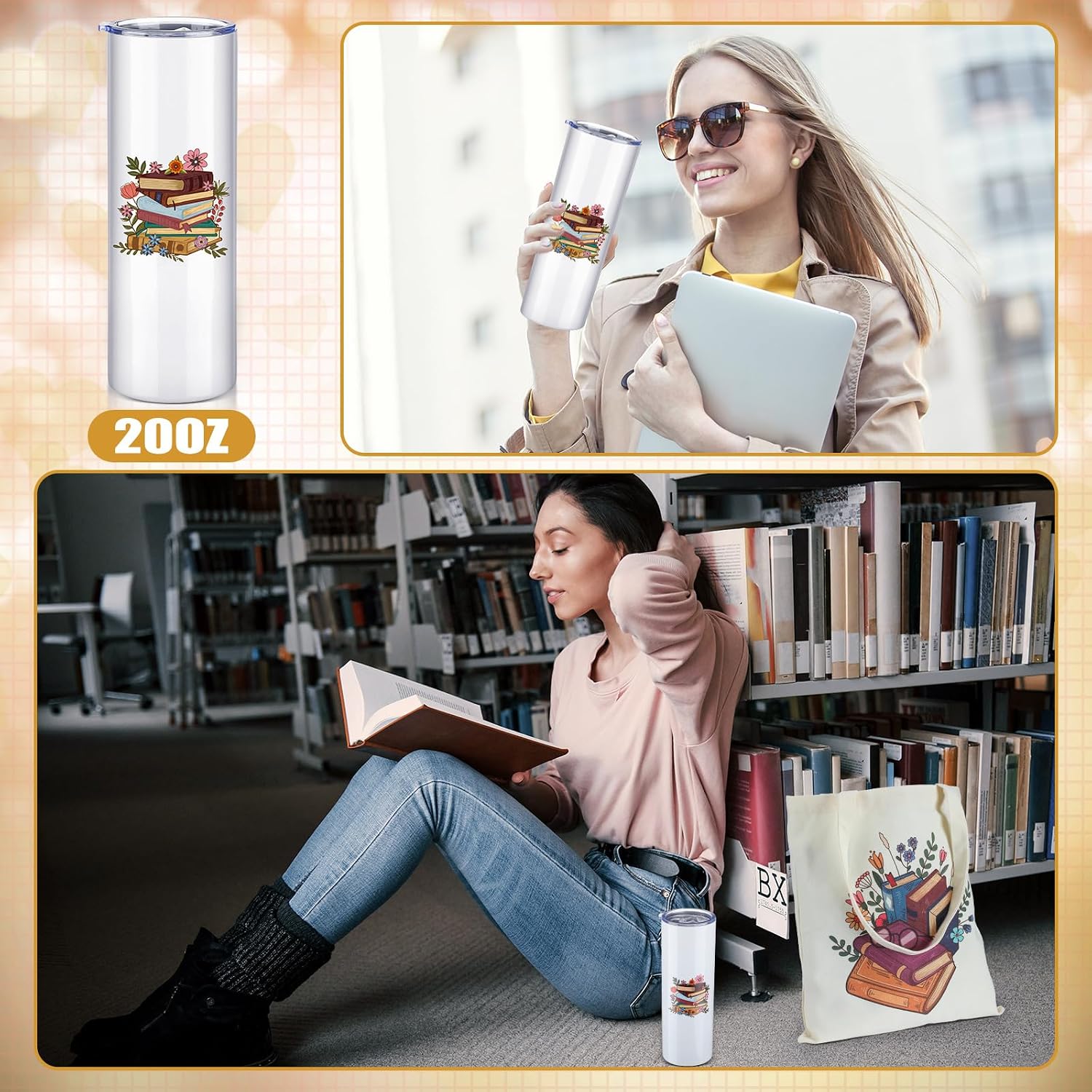 Qinyoung 6 Pcs Book Lover Gifts for Women Readers Canvas Bag Back to School Reusable Canvas Bag Tumbler Bookmark for Women Reading Librarian Bookworm Kitchen Library Club Bookish Gifts
