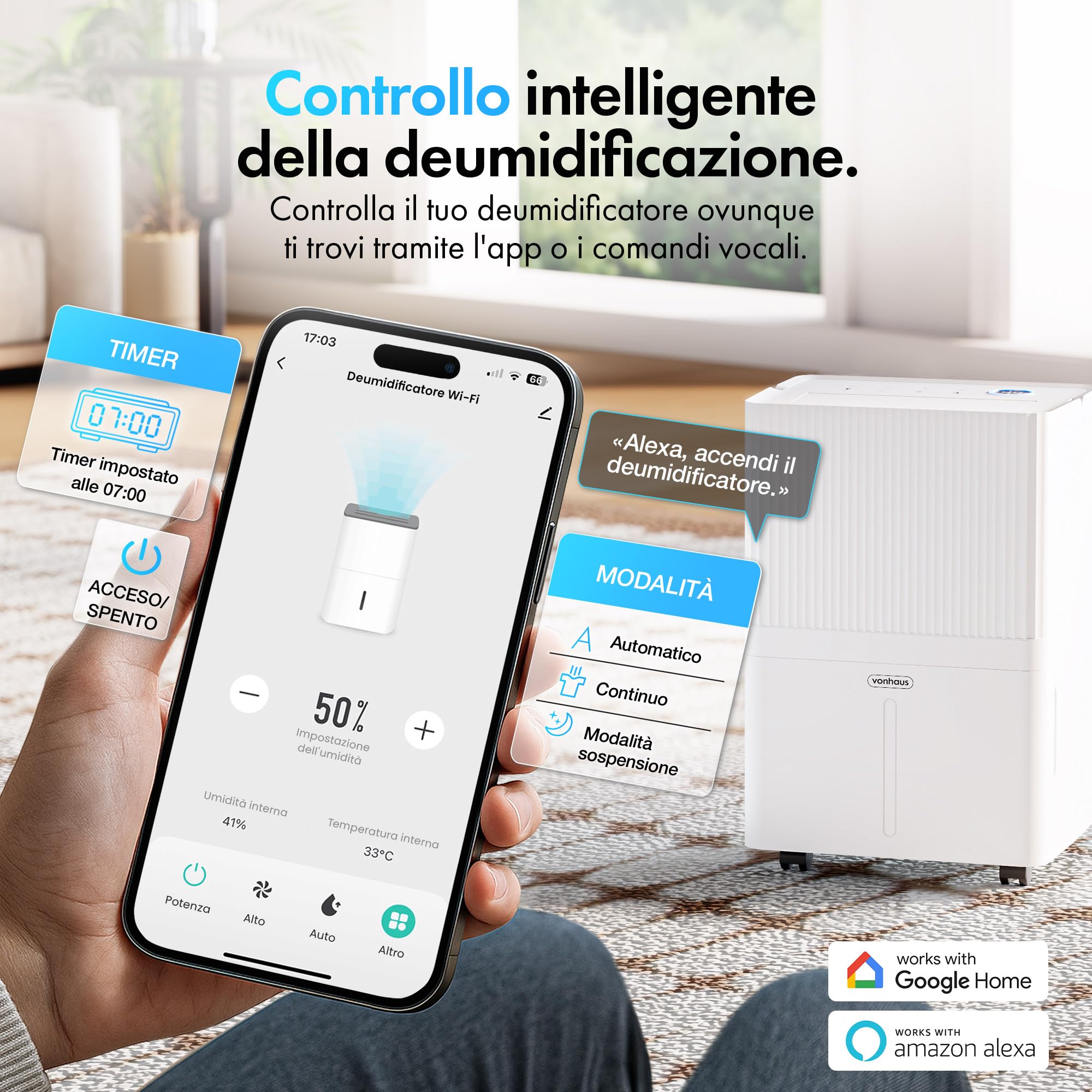 VonHaus Deumidificatore Casa 30L/Giorno con Serbatoio da 5,3L - Deumidificatore WiFi per Casa, Camera da Letto, Lavanderia - Rimuove Umidità, Condensa, Muffa e Odori - Asciuga il Bucato