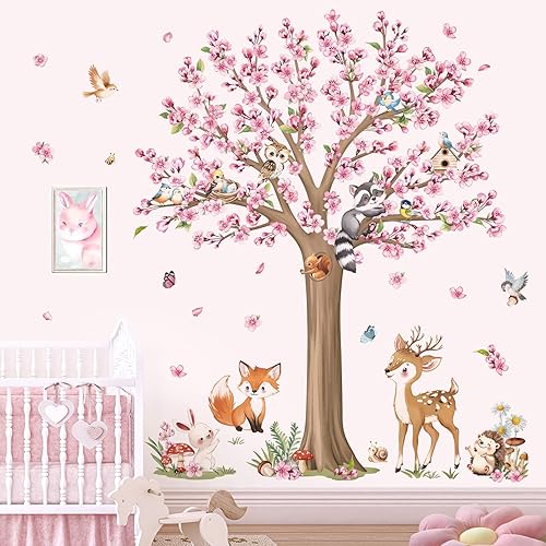 Miniatura 2 de decalmile Calcomanías de pared de árbol de flores grandes de animales del bosque, flores de cerezo, ciervo, zorro, calcomanías de pared para