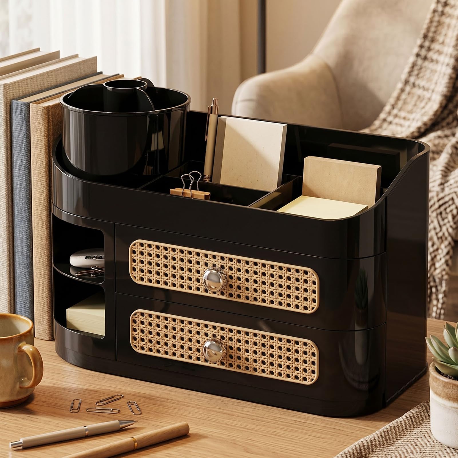 Asixxsix Organizer per Trucco da Scrivania in Rattan, con 2 Cassetti e Scomparti Multistrato per Cosmetici Cura della Pelle Vanity Bagno Controsoffitto Home Office (BLACK)