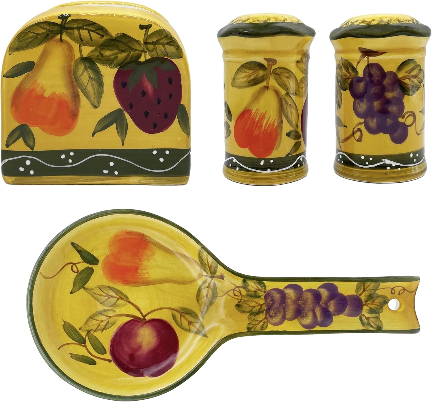 ACK Tuscany European Fruit Ceramic Hand Painted Table/Stove Top Set of 4PCS, Pepper and Salt Shakers, Napkin Holder and Spoon Rest, Kitchen Décor