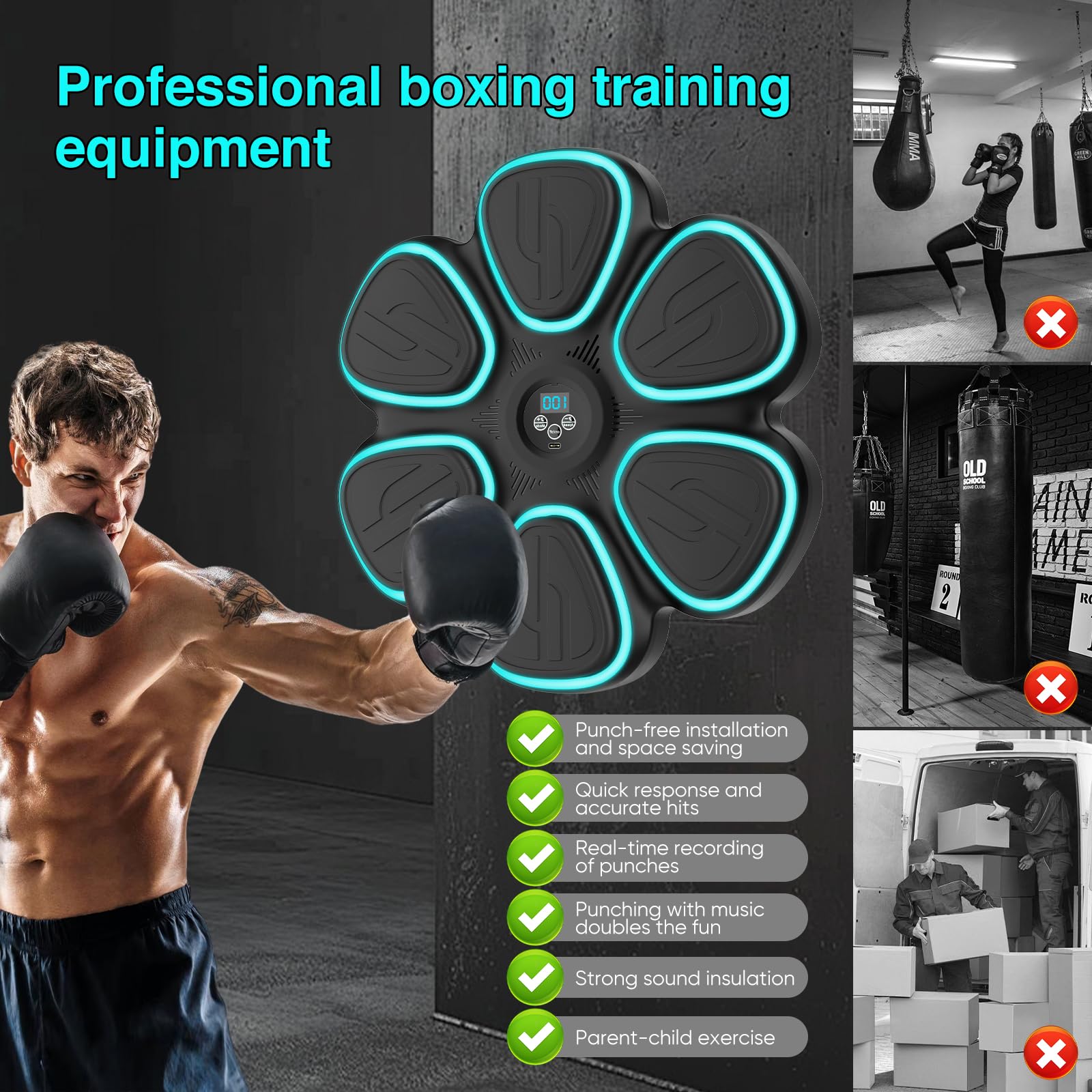 Music Boxing Machine, Bluetooth Elektronische Boxmaschine mit 2 Paar Boxhandschuhen, 9 Geschwindigkeits und Trainingsmodi, Zählmodus, LED Licht Musikboxing Maschine für Erwachsene und Kinder (Schwarz)