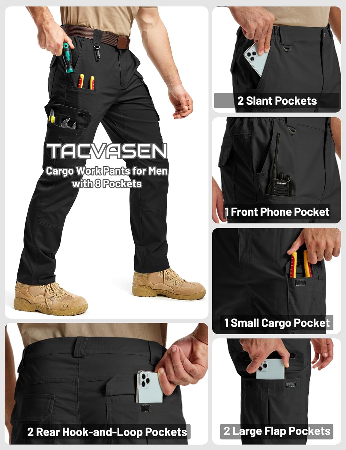 TACVASEN Men's Tactical Pants Water Resistant Ripstop Cargo Work Pants Lightweight Hiking EDC Outdoor with Pockets