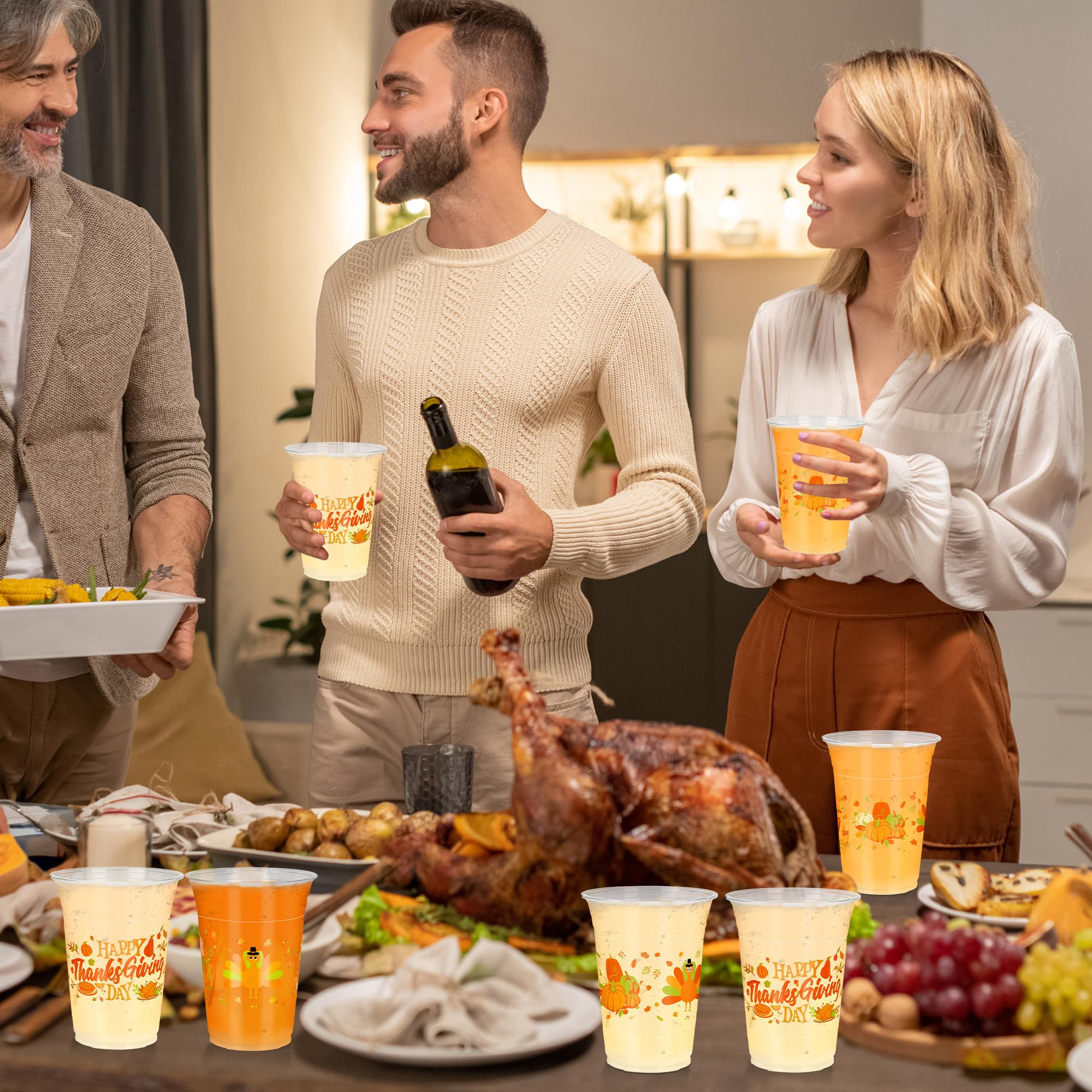 QZYL 100 Pcs Disposable Thanksgiving Cups, 14 Oz Autumn Leaves Clear Plastic Cups with Turkey Pumpkins Pattern, Beverage Juice Coffee Drinkware Bulk for Thanksgiving Decor Harvest Fall Party Supplies