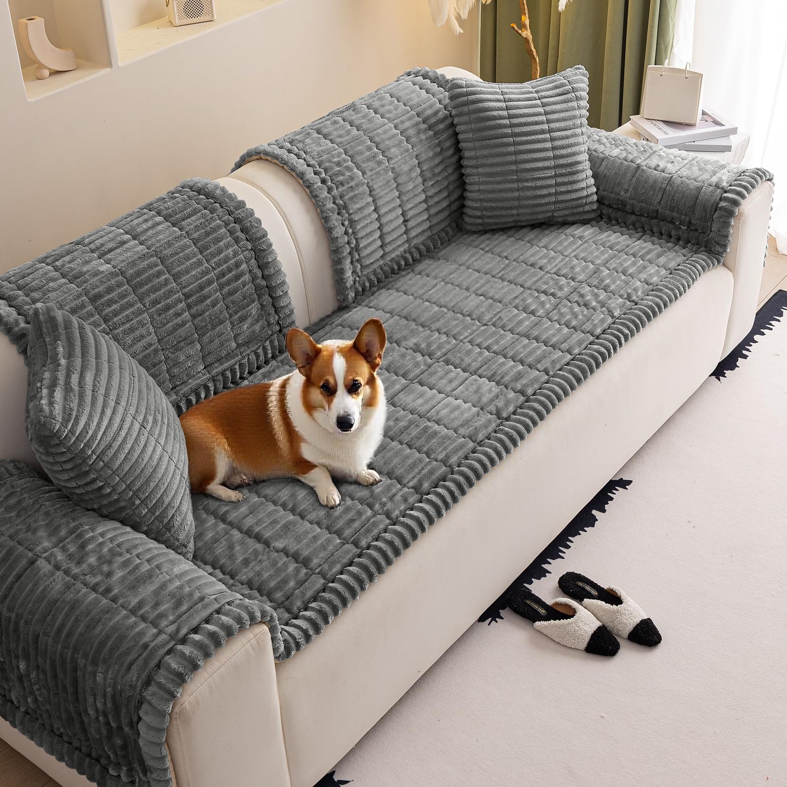 VFGFDJNDFX slumber paws sofa covers, Corduroy Sofa Cover 1 2 3 4 Seater, Non-Slip Plush Sectional Sofa Slipcovers, Pet Proof Furniture Protector (Serene Dark Gray,60 * 90cm)