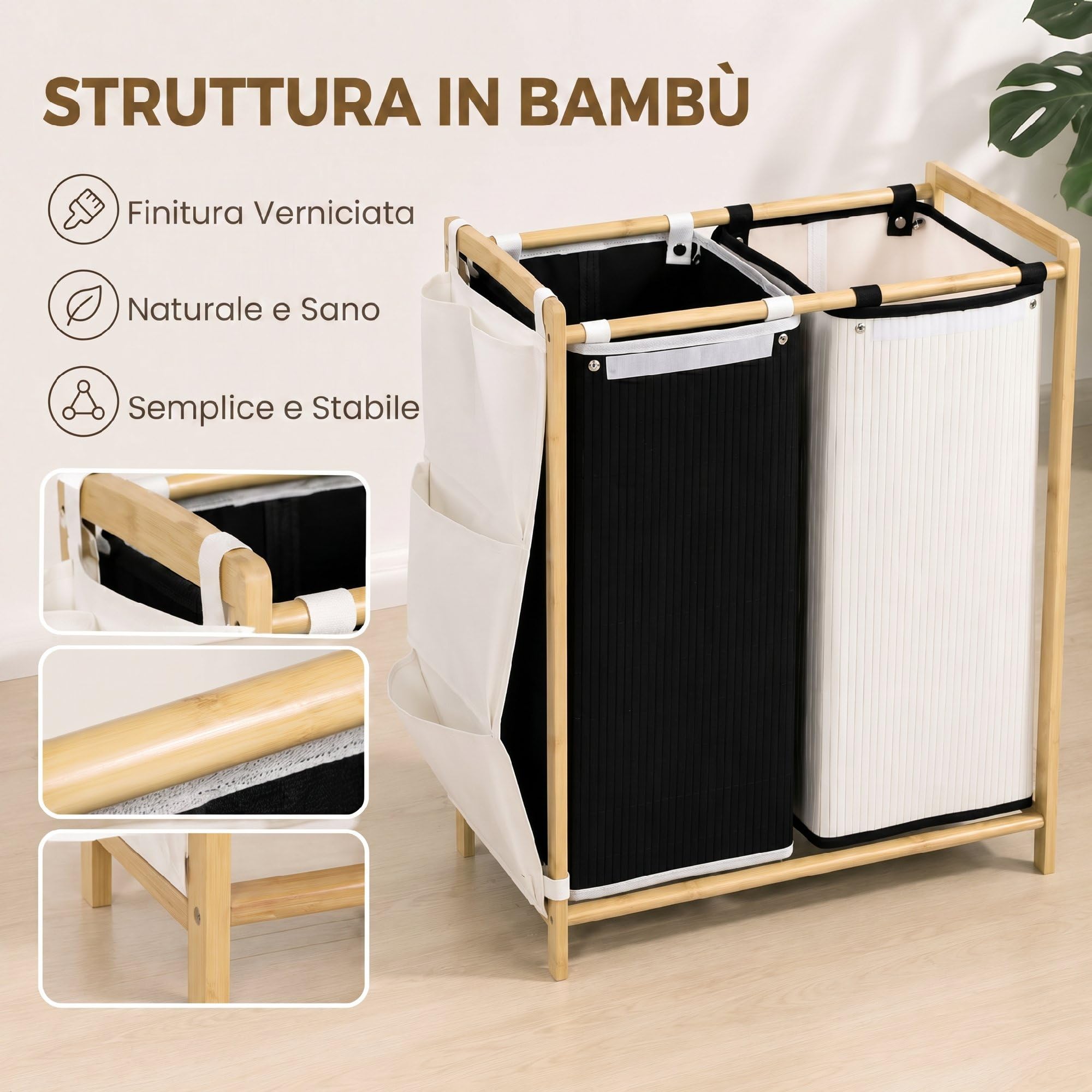 HOMCOM Cesto Portabiancheria 2 Scomparti 120L Coperchi Bambù Nero/Bianco | Tasche Laterali, Sacchi Estraibili, Grande Cesto Biancheria Sporca, per Camera da Letto e Bagno