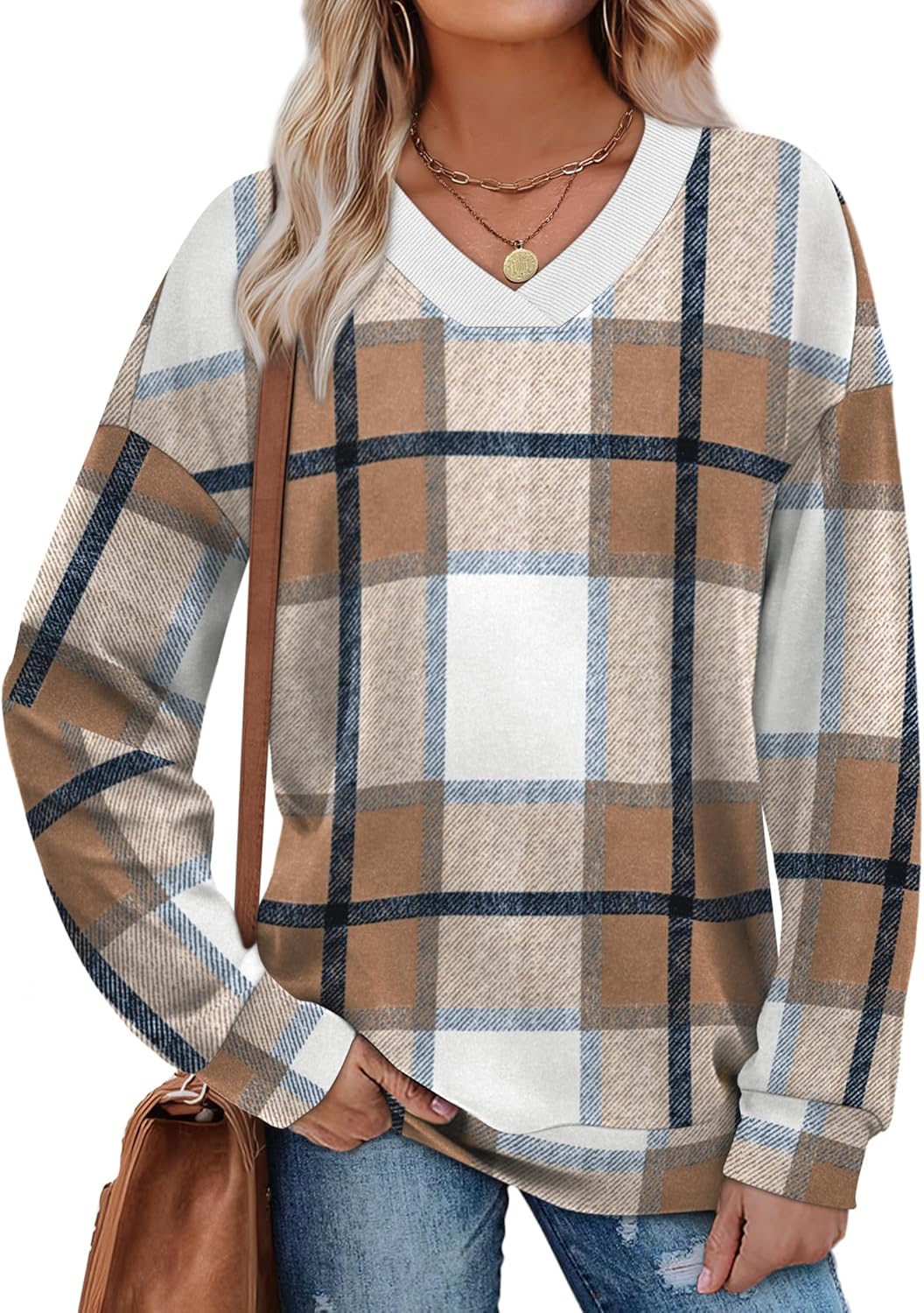 WIHOLL Sweatshirt for Women V Neck Sweaters Long Sleeve Shirts Fall Clothes Ribbed Collar 2025 Trendy Fashion