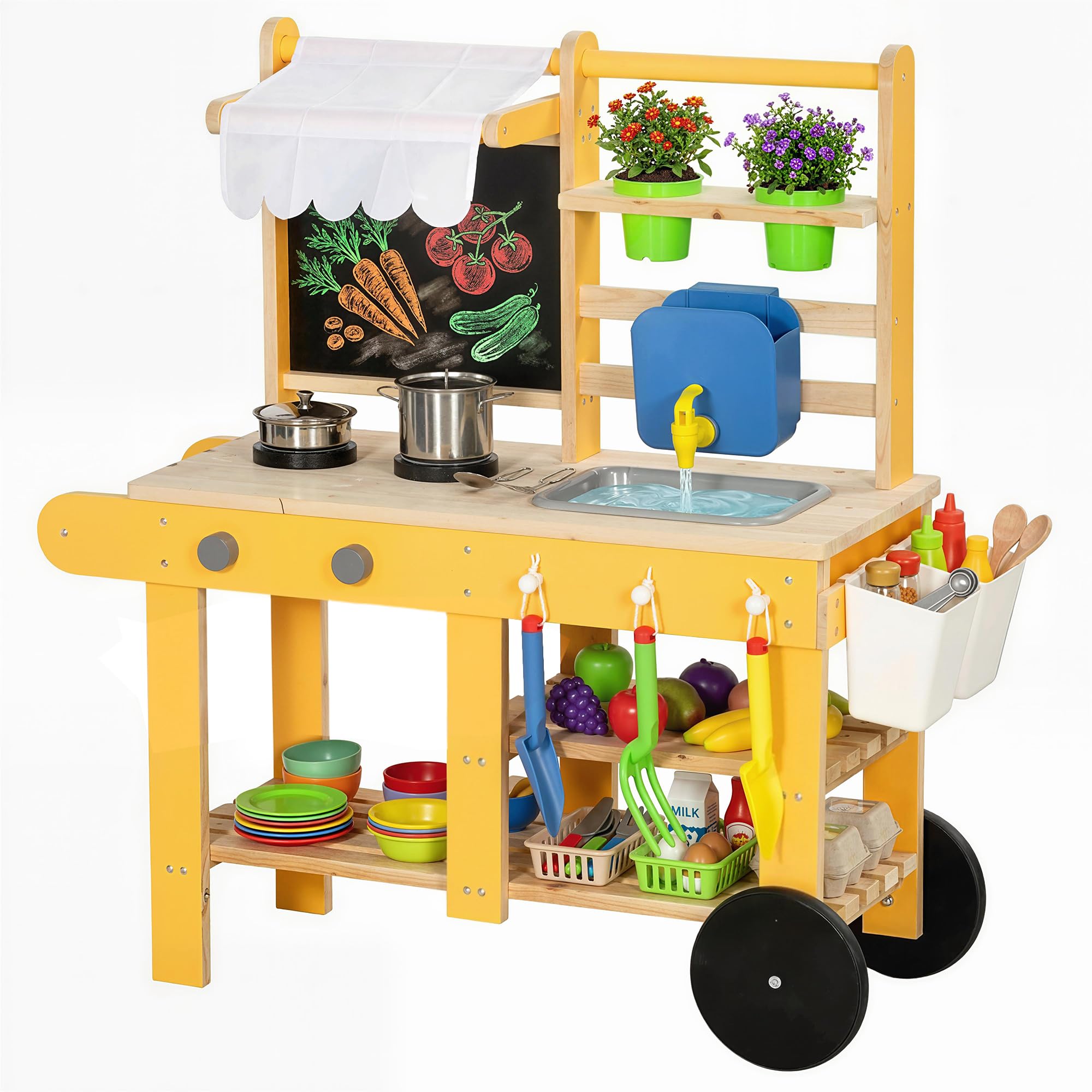 AIYAPLAY Cocina de Juguete Exterior con Ruedas, Cocinita Infantil de Madera con Agua Real, Fregadero, Estufas, Estantes, Macetas, Pizarra y 15 Accesorios, 84,2x34,4x90 cm, Amarillo