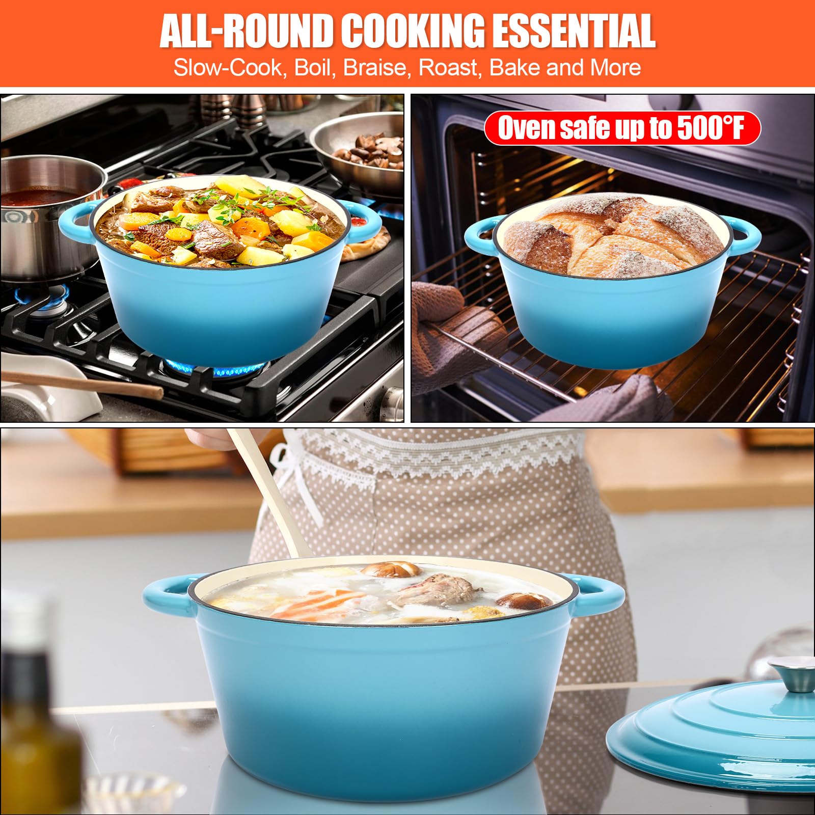Four à pain en fonte émaillée de 6 l avec couvercle, cocotte pour la cuisson du pain, y compris les fournitures de cuisson du pain au levain comme le panier à pain, la lame, le fouet à pâte pour pâte