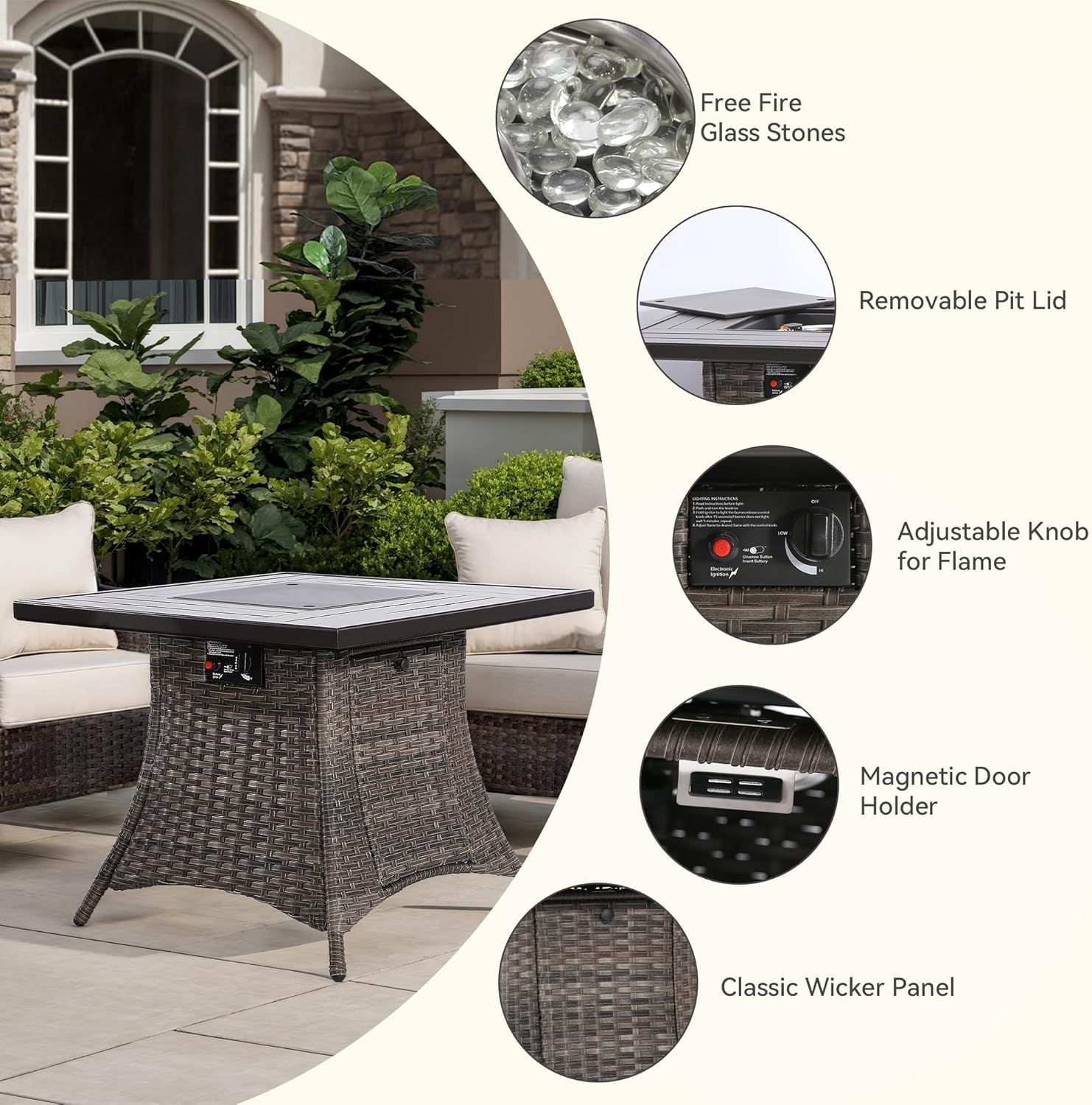 5-Piece Patio Wicker Conversation Set with Fire Pit, Furniture Set Includes 2 Swivel Rocker Chair and 2 Armchair, Cushion Blue
