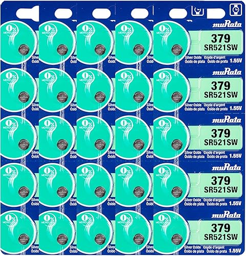 Murata 379 Batería SR521SW 1.55V Celda de botón de reloj de óxido de plata (25 baterías)