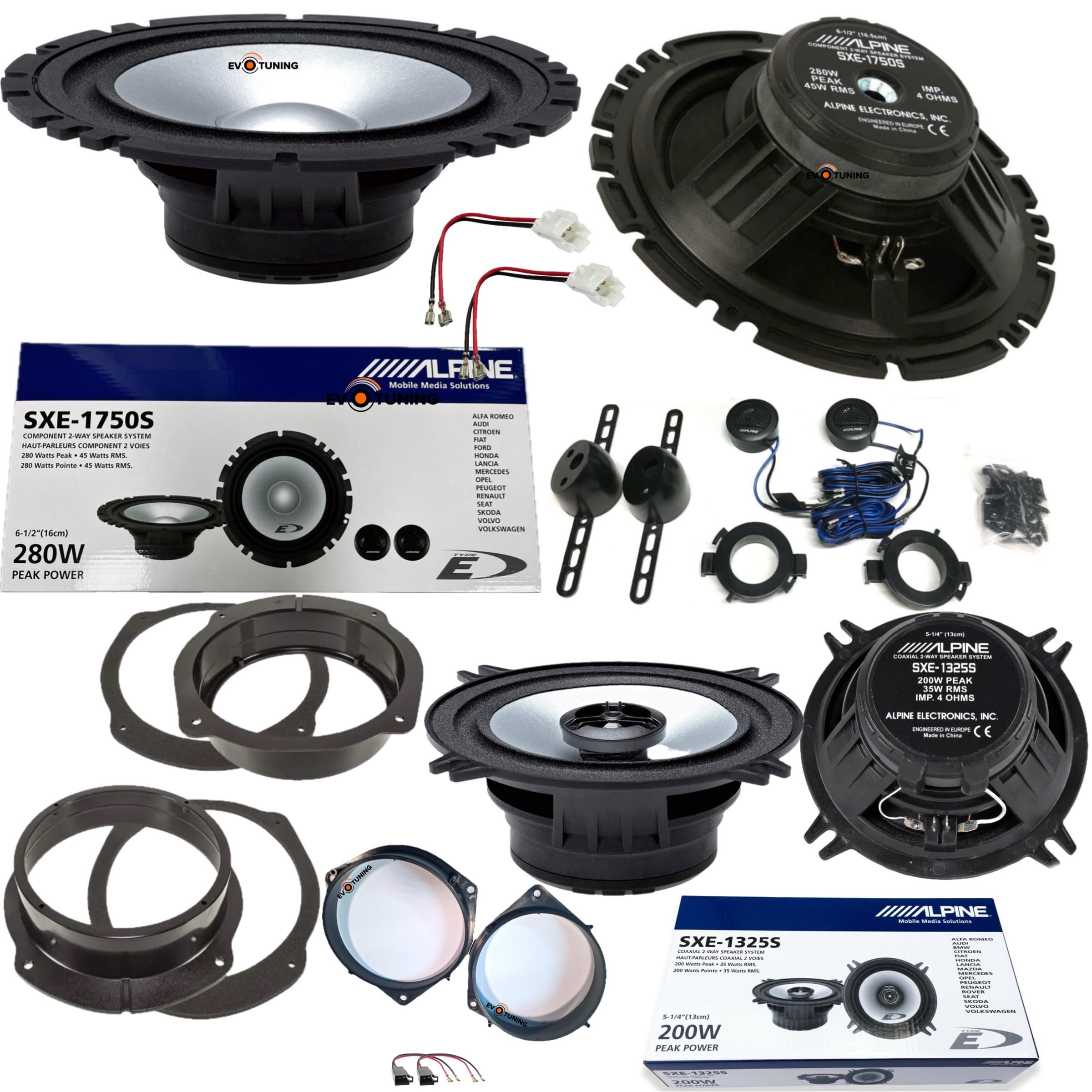 Kit 6 Casse Altoparlanti Alpine per Fiat Bravo dal 2007 Anteriori e Posteriori, Alpine SXE 1750S+1325S Set 2 Woofer 165mm +2 tweeter + 2 Coassiali 13 cm + Anelli e Cavi Adattatori