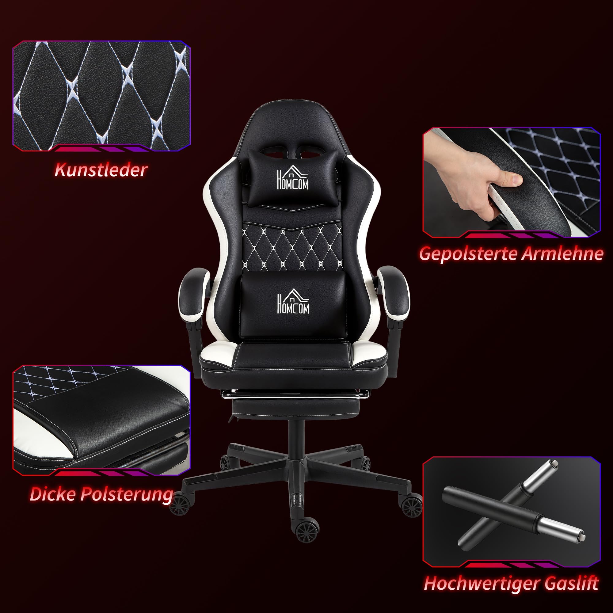 HOMCOM Fotel gamingowy, ergonomiczny fotel dla graczy z podparciem okolic lędźwiowych, podnóżkiem, z regulacją wysokości, fotel gamingowy z poduszką pod głowę, krzesło biurowe z diamentowym szytym