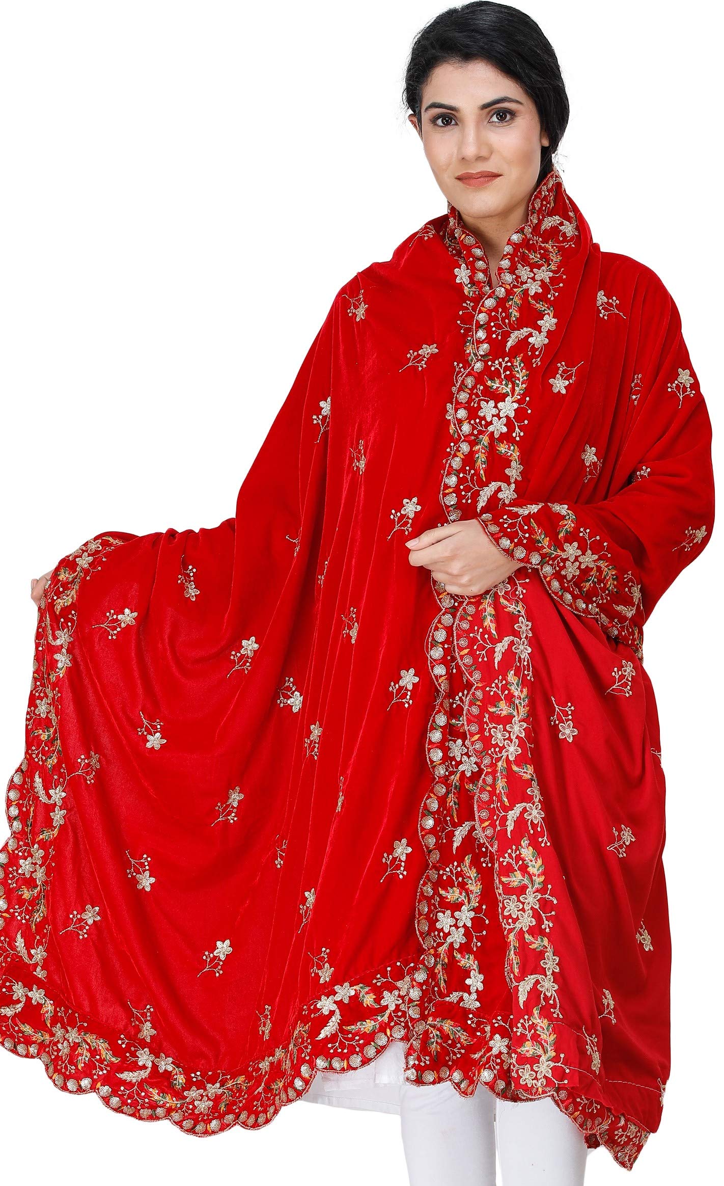 Exotic India Velvet Dupatta from Amritsar with Embroidered Flowers and Sequins - Velvet