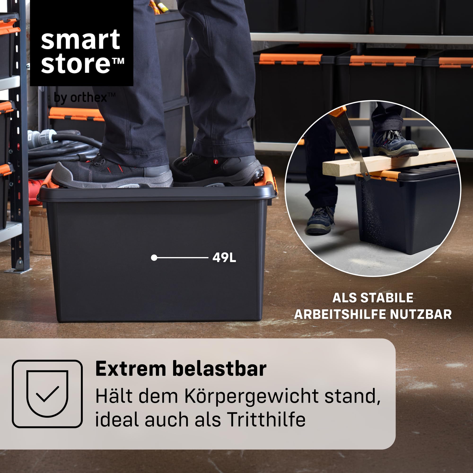 SmartStore Extrem robuste Kunststoff-Aufbewahrungsbox mit Deckel I 49 Liter I Für Garage, Regale, Umzug I 4er Set Stapelboxen mit Clipverschluss I Werkzeugaufbewahrung I BPA-frei I 59 x 39 x 34 cm