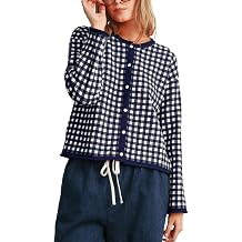 MINSURE Women Long Sleeve Button Down Gingham Check Cropped Knit Cardigan