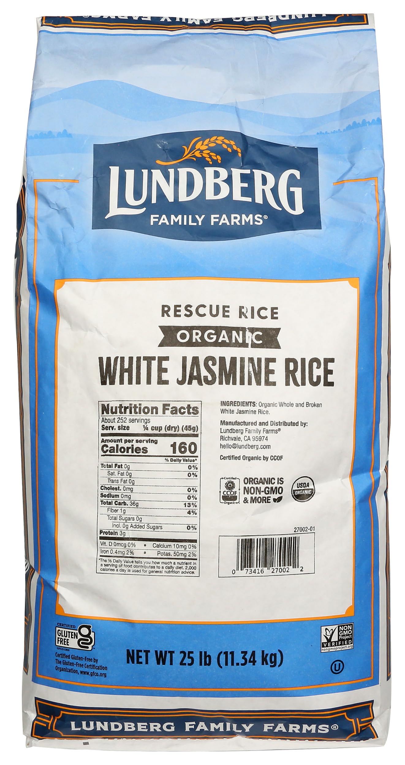 Lundberg Organic Rescue White Jasmine Rice, Blend of Whole and Barely Broken Rice, Fluffy Aromatic, 25 lb (Pack of 1)