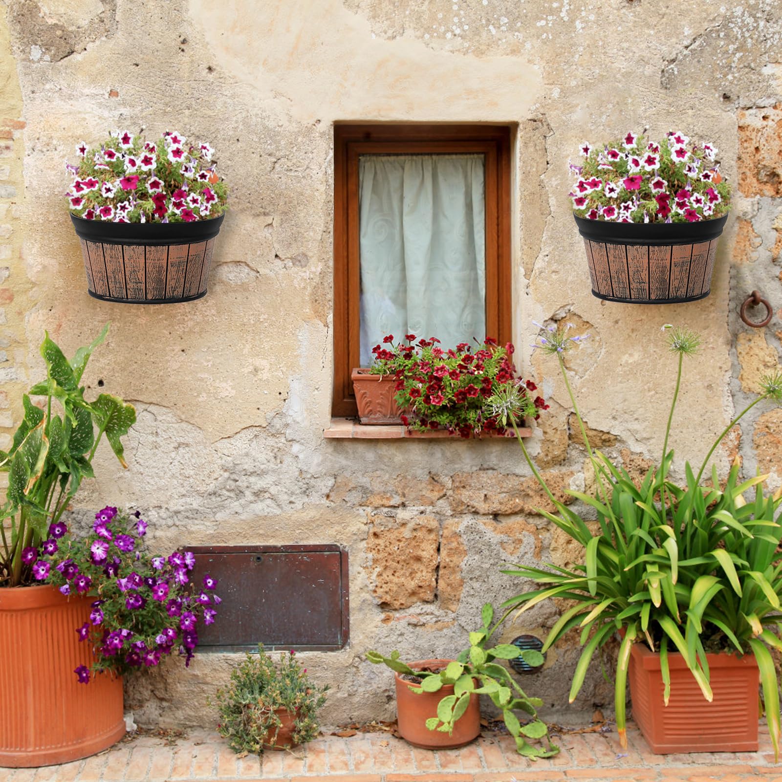 Set 3 Vasi da Fiori da Parete, Set di Vasi Distressed in Quercia, Vasi da Fiori in Plastica Rinforzata con Serbatoio per Acqua per Piante, Fiori, per Interni, Esterni, Ringhiere o Decorazioni