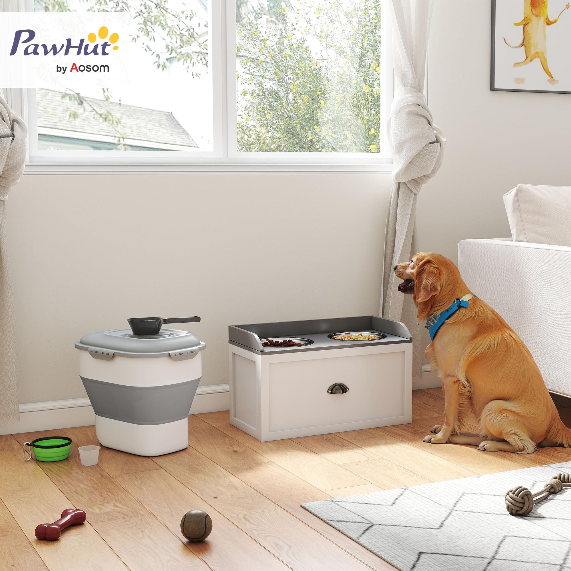 PawHut Conjunto de 1 Comedero Elevado para Perros Grandes con 2 Tazones 2000ml de Acero Inoxidable y 1 Contenedor de Comida para Perros Plegable 25L con Ruedas Taza Medidora Blanco y Gris