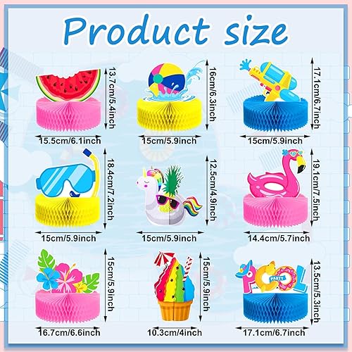 Miniatura 2 de Teling 9 piezas de centros de mesa de panal de abeja de verano para piscina, playa, decoración 3D de doble cara sandía panal de abeja flamenco