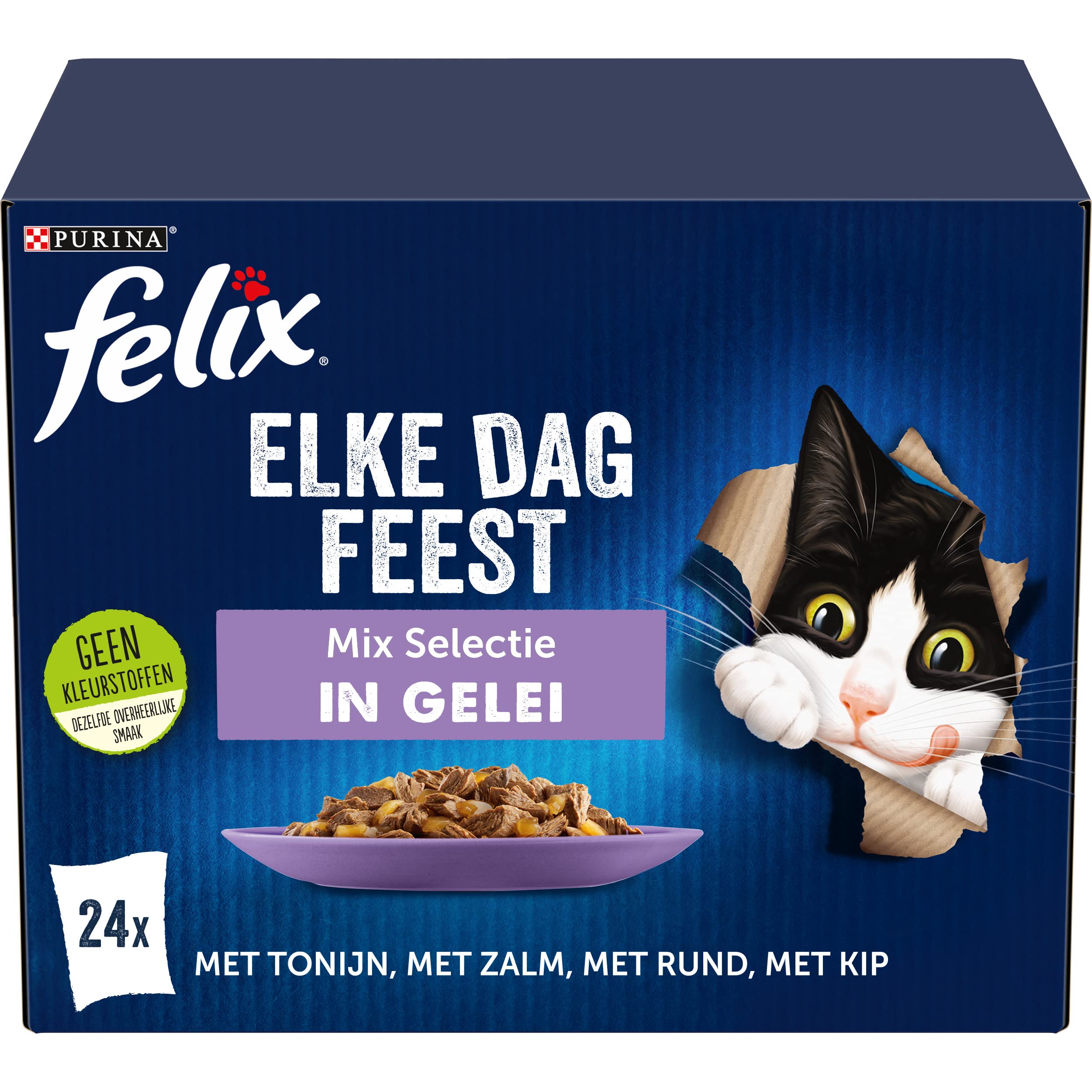 FELIX Everday Party z wołowiną, tuńczykiem, łosoś, kurczak karma dla kotów mokra 24 x 85 g (96 torebek porcji; 8,16 kg)