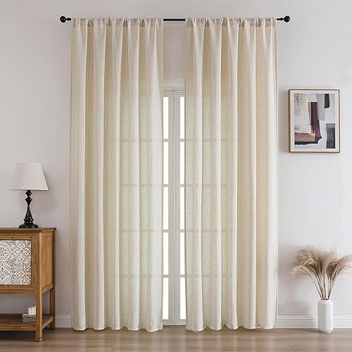 Miniatura 10 de CUCRAF Cortinas traslúcidas blancas bordadas geométricas de lino sintético con ojales, cortinas de ventana de gasa para sala de estar, dormitorio,