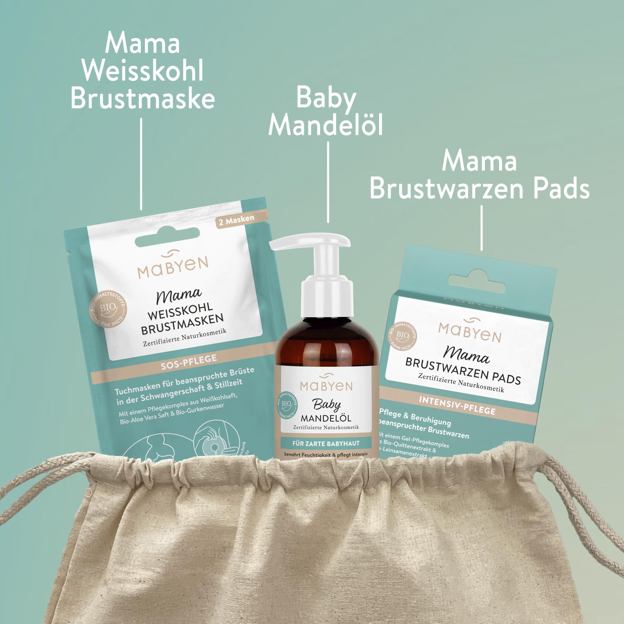 MABYEN Wochenbett Set für Mamas | Erstausstattung für die ersten Wochen mit Baby nach der Geburt - Set mit 3x Weißkohl Brustmaske, 10x Brustwarzen Pads, 1x Mandelöl