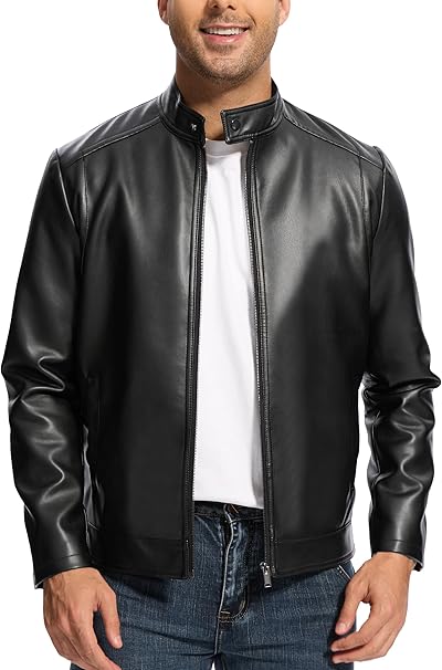 Fahsyee Leather Jacket Men Lightweight Motorcycle Jackets Men's Stand Collar Bomber Coat with Pockets and Zip