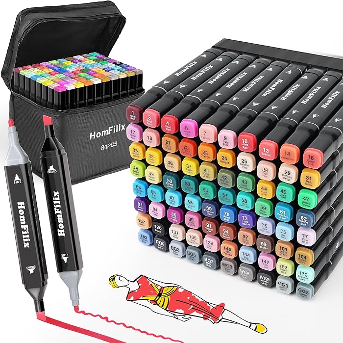 Amazon.com: HomFilix Alcohol Markers, 80 Colors Dual Tip Art Alcohol Markers Set - Perfect for Coloring, Drawing, Sketching, Card Making and Illustration, Perfect for Adults and Kids