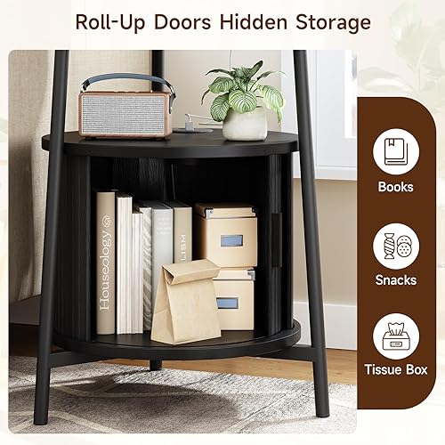 Miniatura 6 de ONBRILL Mesa auxiliar redonda con almacenamiento, mesita de noche acanalada con estación de carga, pequeñas mesas de noche modernas de mediados de