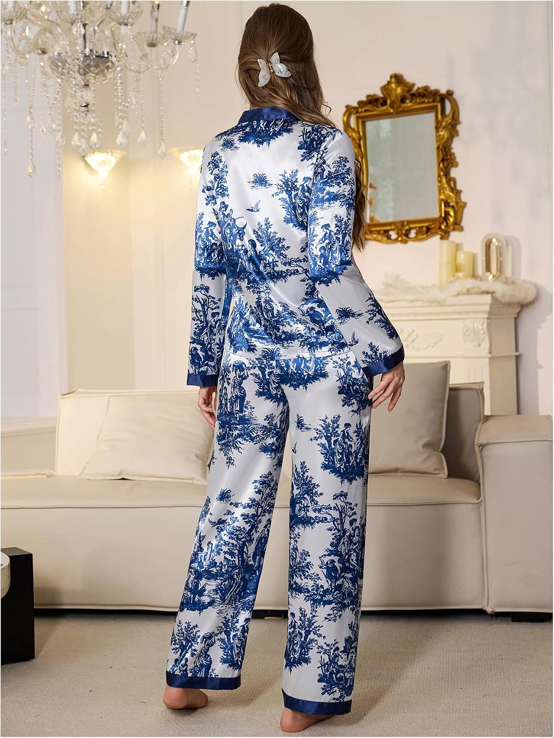 WDIRARA Women's Graphic Satin Pajama Sets Long Sleeve Button Down Pants Pjs 2 Piece Sleepwear