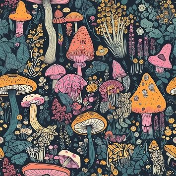 MuralPeel Coloful Pink/Yellow/Red Magical Mushroom Forest in Dark Navy Black Peel and Stick Wallpaper Vintage Easy Peel Off Self Adhesive Removable Stick on Wall Paper for Renter