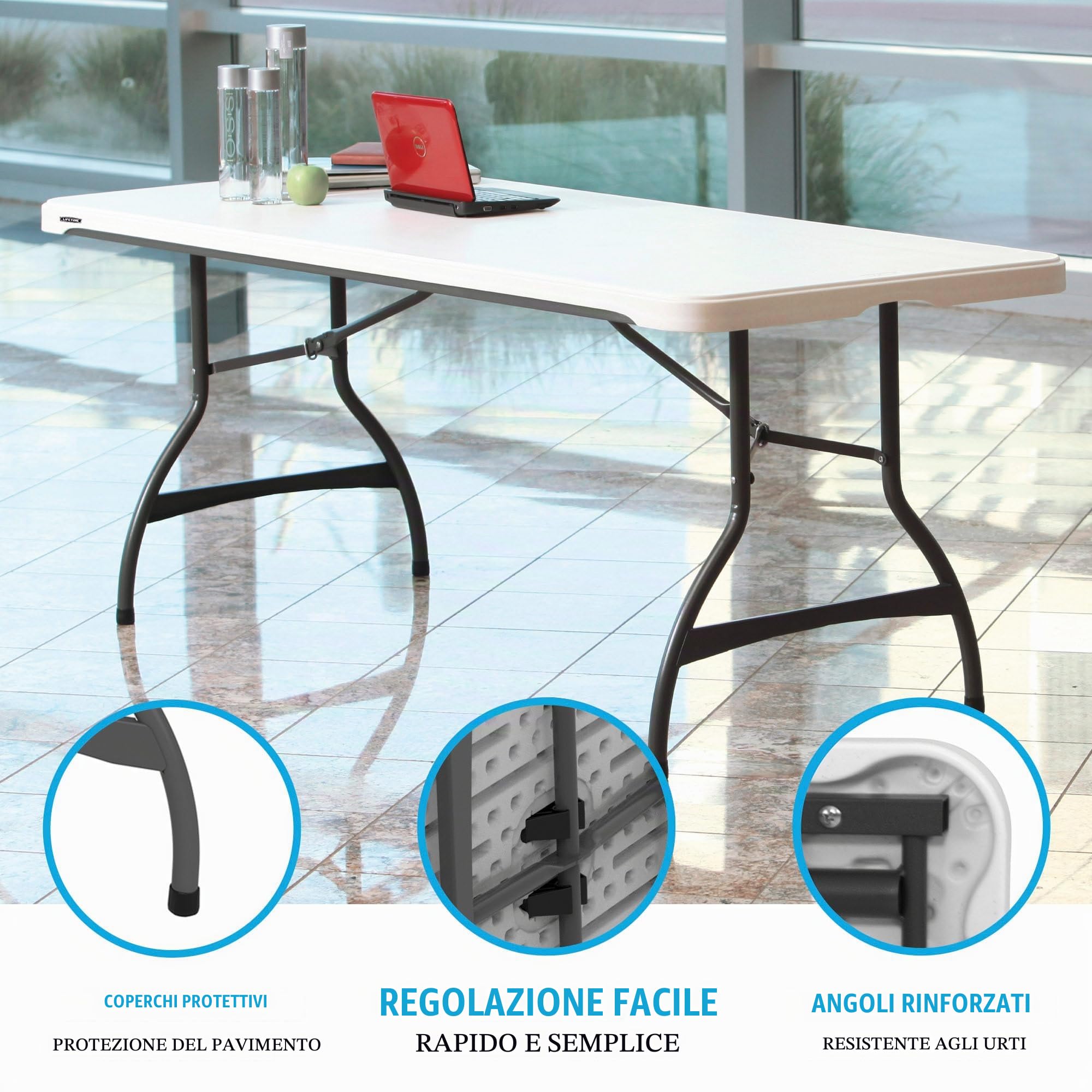 LIFETIME 92118 - Tavolo Pieghevole Rettangolare ultraresistente in Granito Bianco | Tavoli da Esterno e da Interno per Giardino, terrazza, Eventi e Catering | Misure 182x76cm, Altezza 74cm