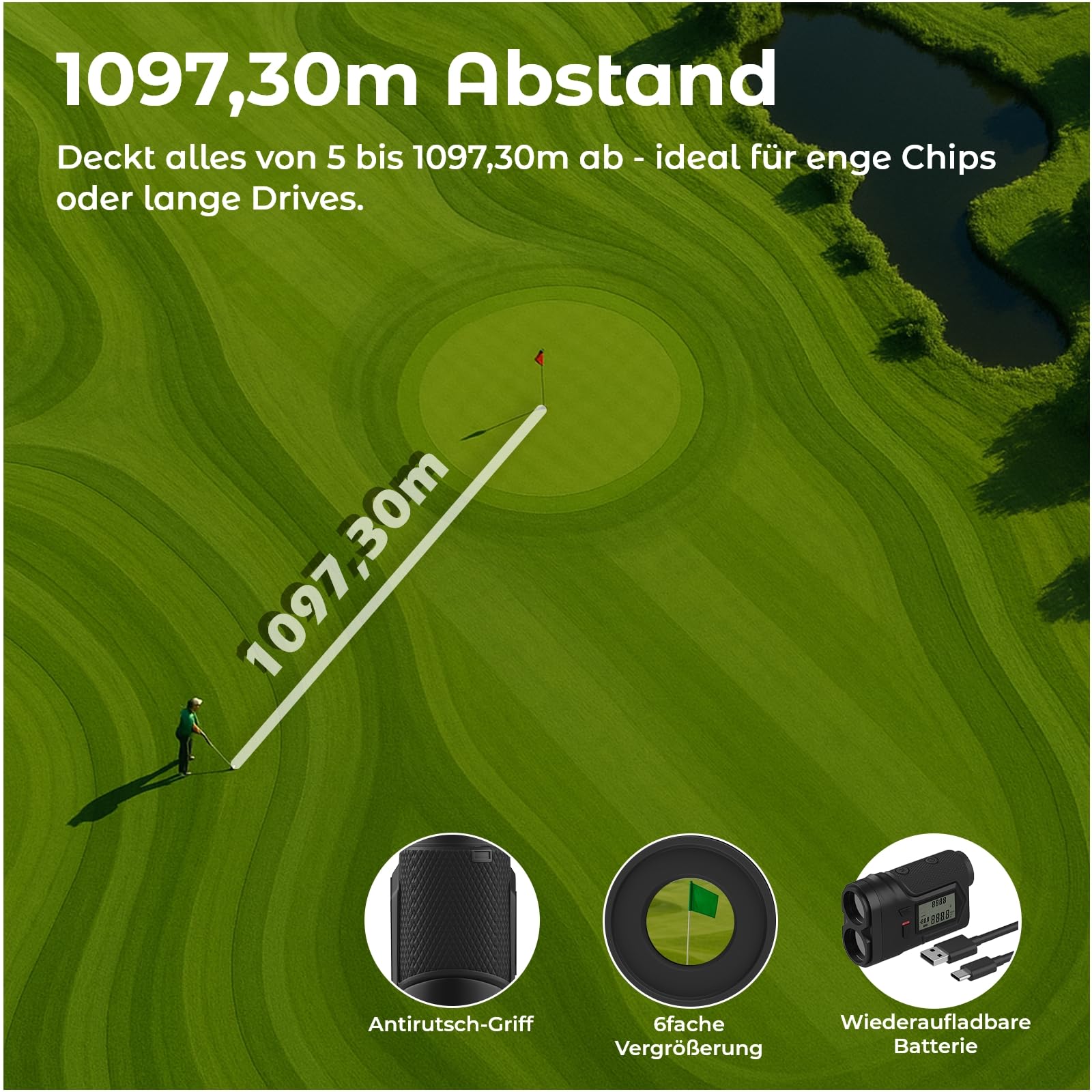 Golf Entfernungsmesser 1097M von WanderS – Laser Messgerät mit Neigungsfunktion On/Off, Flaggensperre & Vibration, 6X Zoom, Turniermodus, Seitenanzeige, USB-C Aufladung – Golfzubehör Herren
