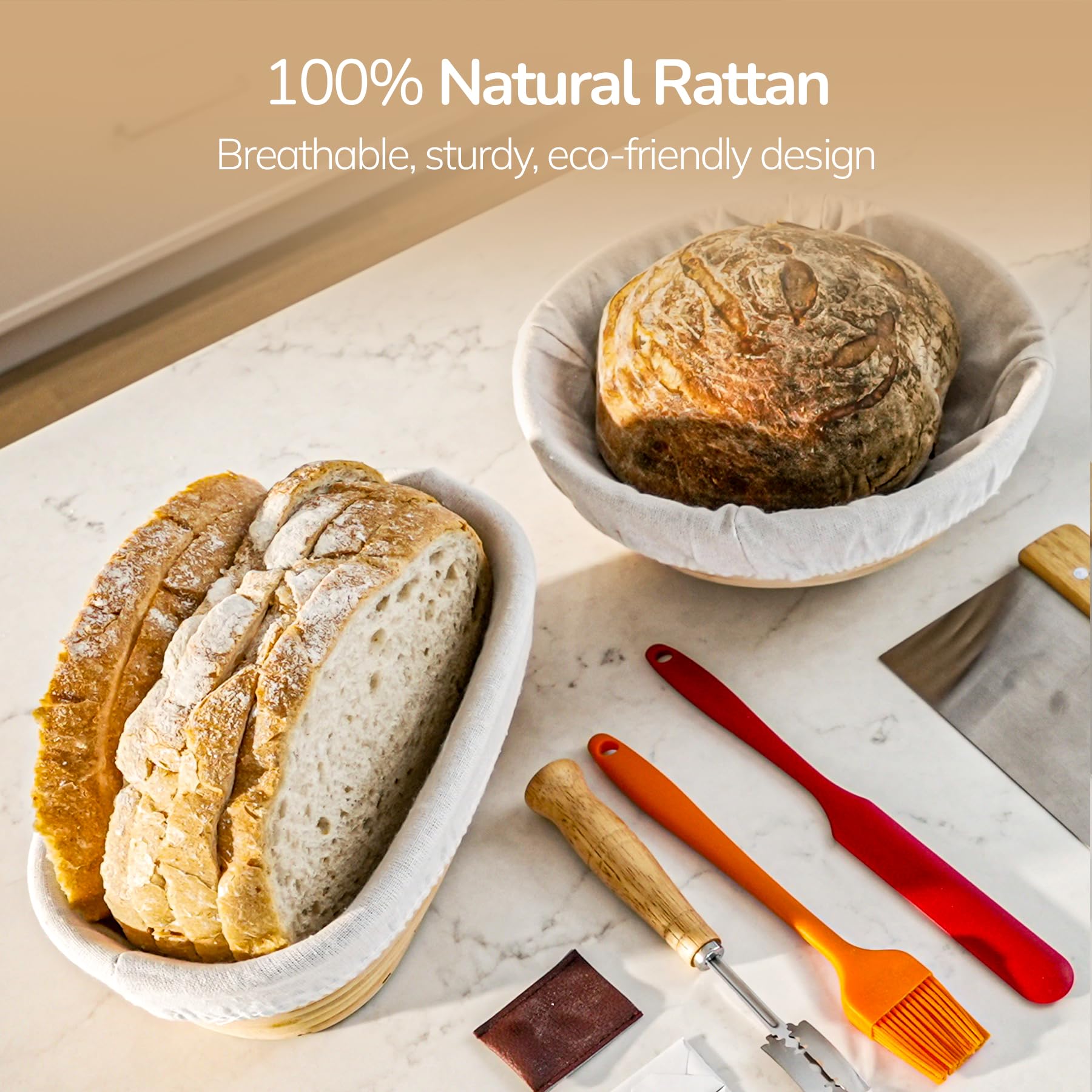 Sourdough Bread Baking Supplies 16 Pcs | Banneton Bread Proofing Basket Kit with Sourdough Starter Jar for Bread, 9" Round & 10" Oval Sourdough Proofing Baskets with Bread Making Tools Gift Set