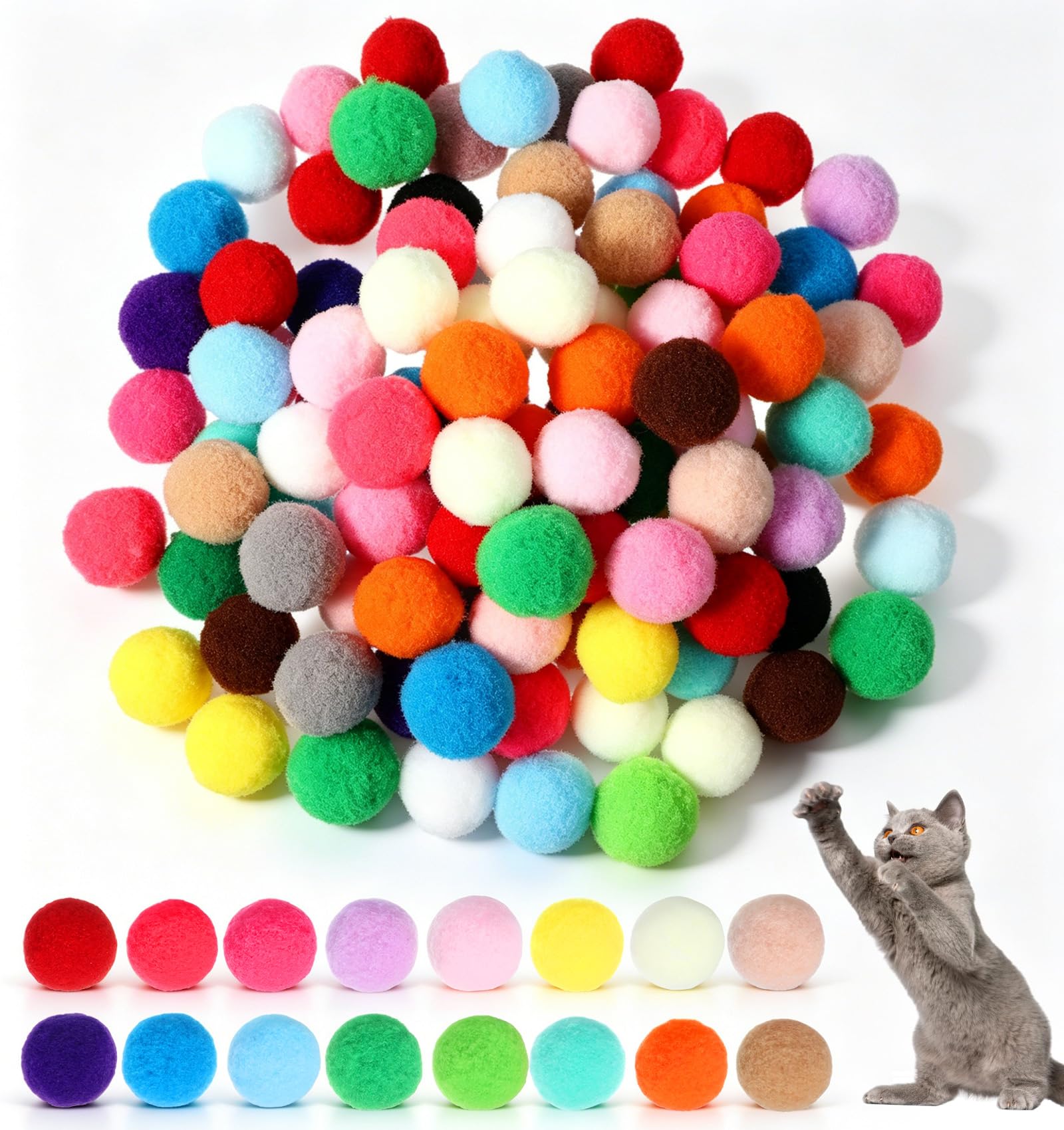 Thrymme 100 PCS Cat Pom Pom Balls, 2.5 Cm Polyester Super Soft Cat Ball to Encourage Play & Exercise for Indoor Kittens (Multicolor)