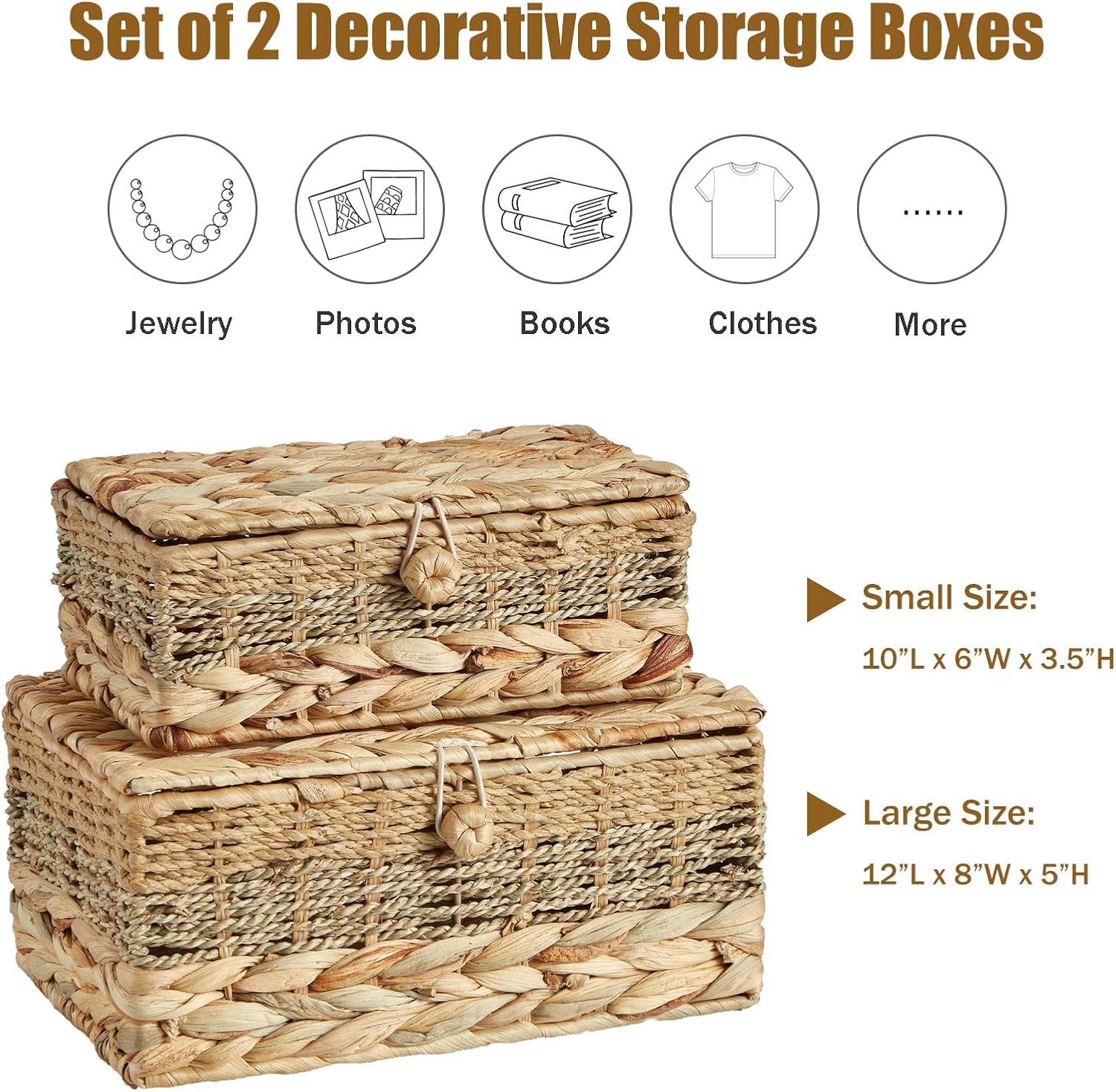 2PCS Wicker Storage Baskets with Lids Decorative Bohemian Handmade Rattan Boxes Natural Water Hyacinth Seagrass Paper Rope Woven Bins Shelf Container Memory Keepsake Photo Makeup Organizer