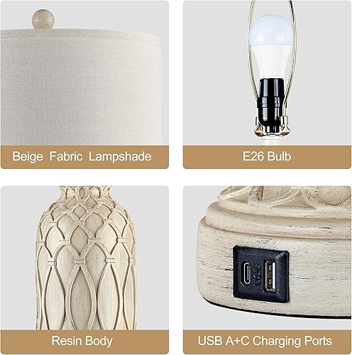 Miniatura 5 de Juego de 2 lámparas de mesa de 28 pulgadas para sala de estar, lámparas de granja para dormitorio con puertos USB, lámpara de mesa de noche
