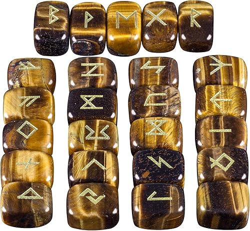 mookaitedecor Juego de piedras de runa con grabado del alfabeto de Futhark de anciano grabado, meditación de cristal, adivinación, ojo de tigre