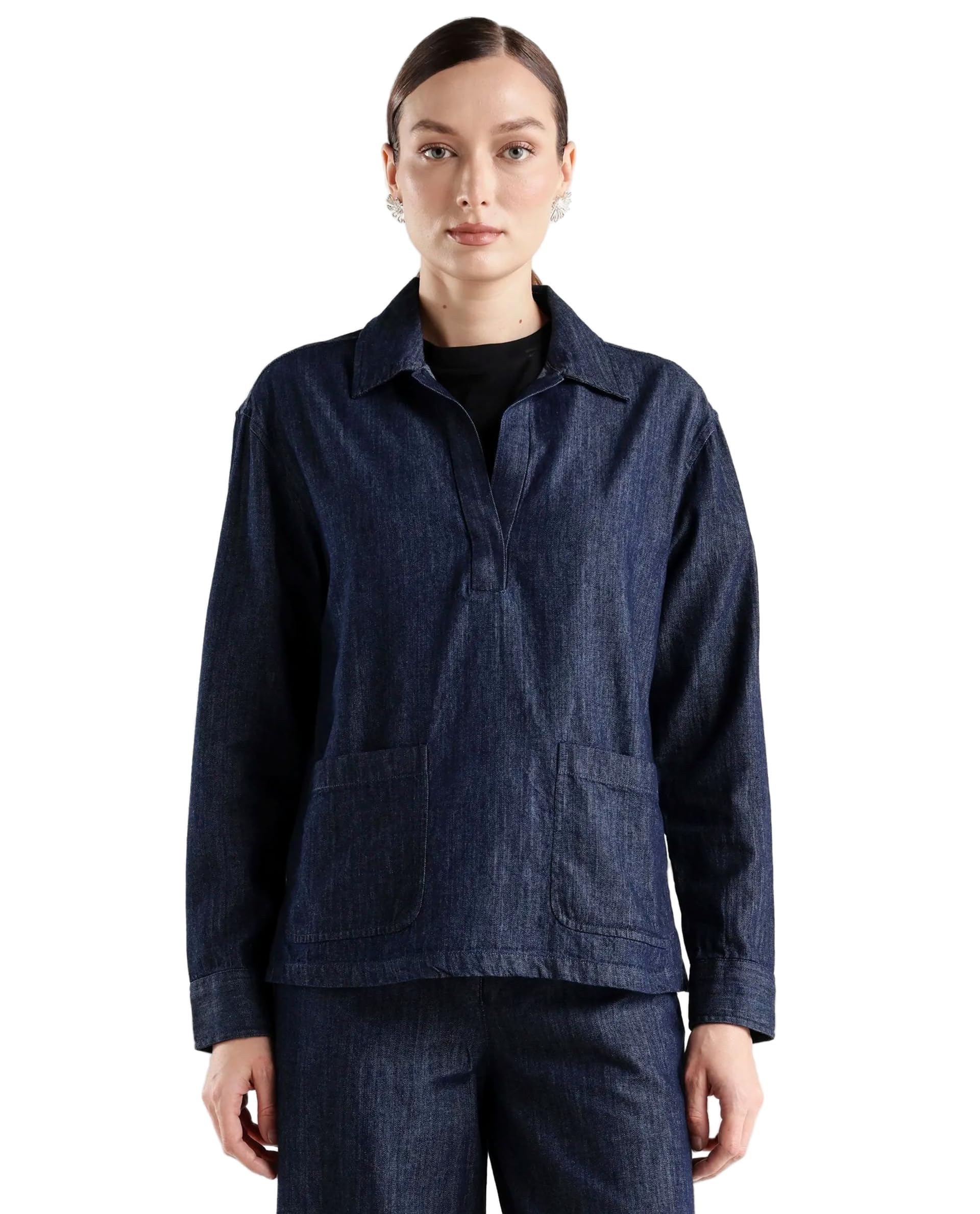 Women RAREISM Relaxed Solid Navy Blue Cotton Polo Collar Long Sleeve Top-picture-10