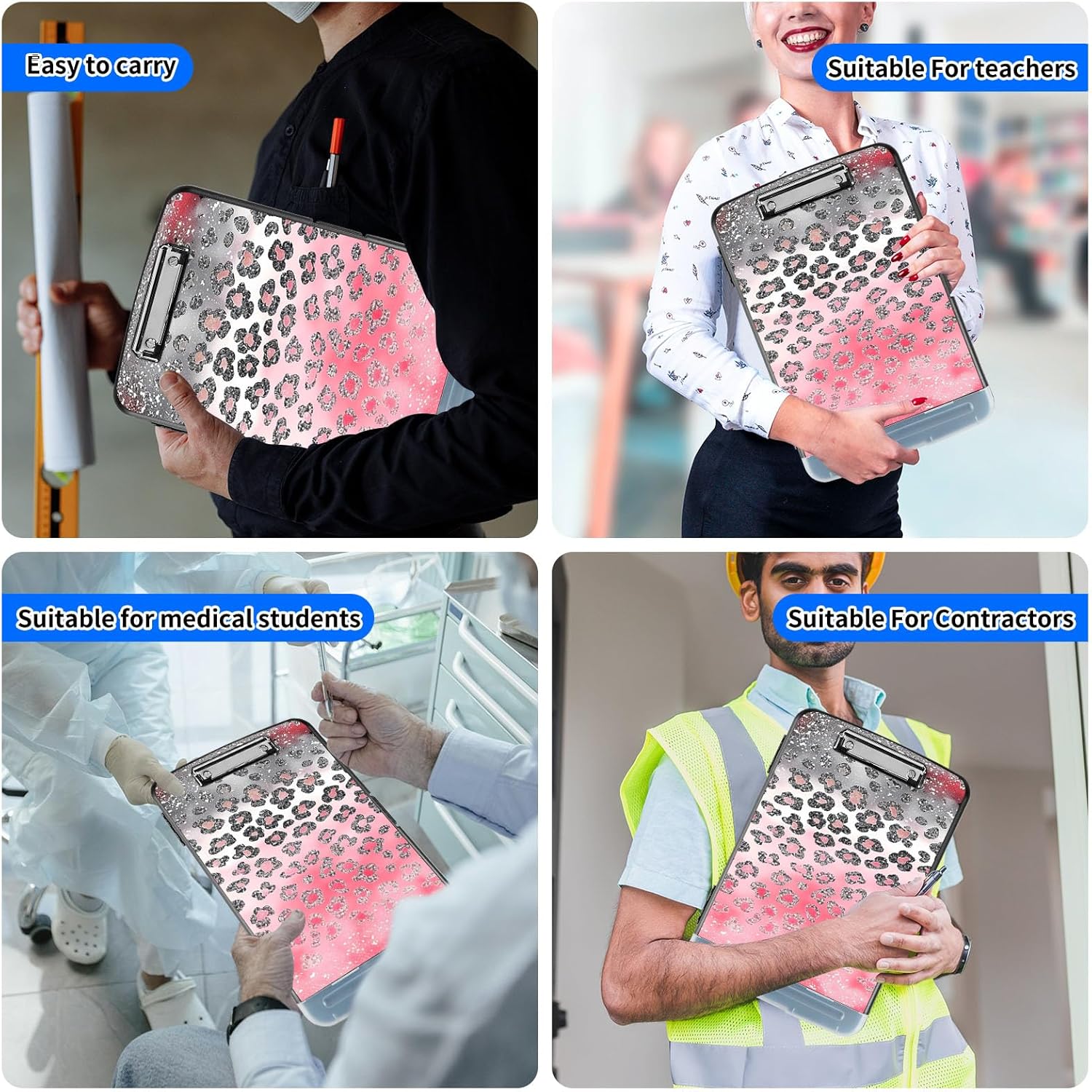 Clipboard with Storage,Plastic Storage Clipboard with Low Profile Clip,Heavy Duty High Capacity Clip Boards with Pen Holder & Pencil,Teacher Must Haves,Office Supplies,Pink Glitter Cheetah